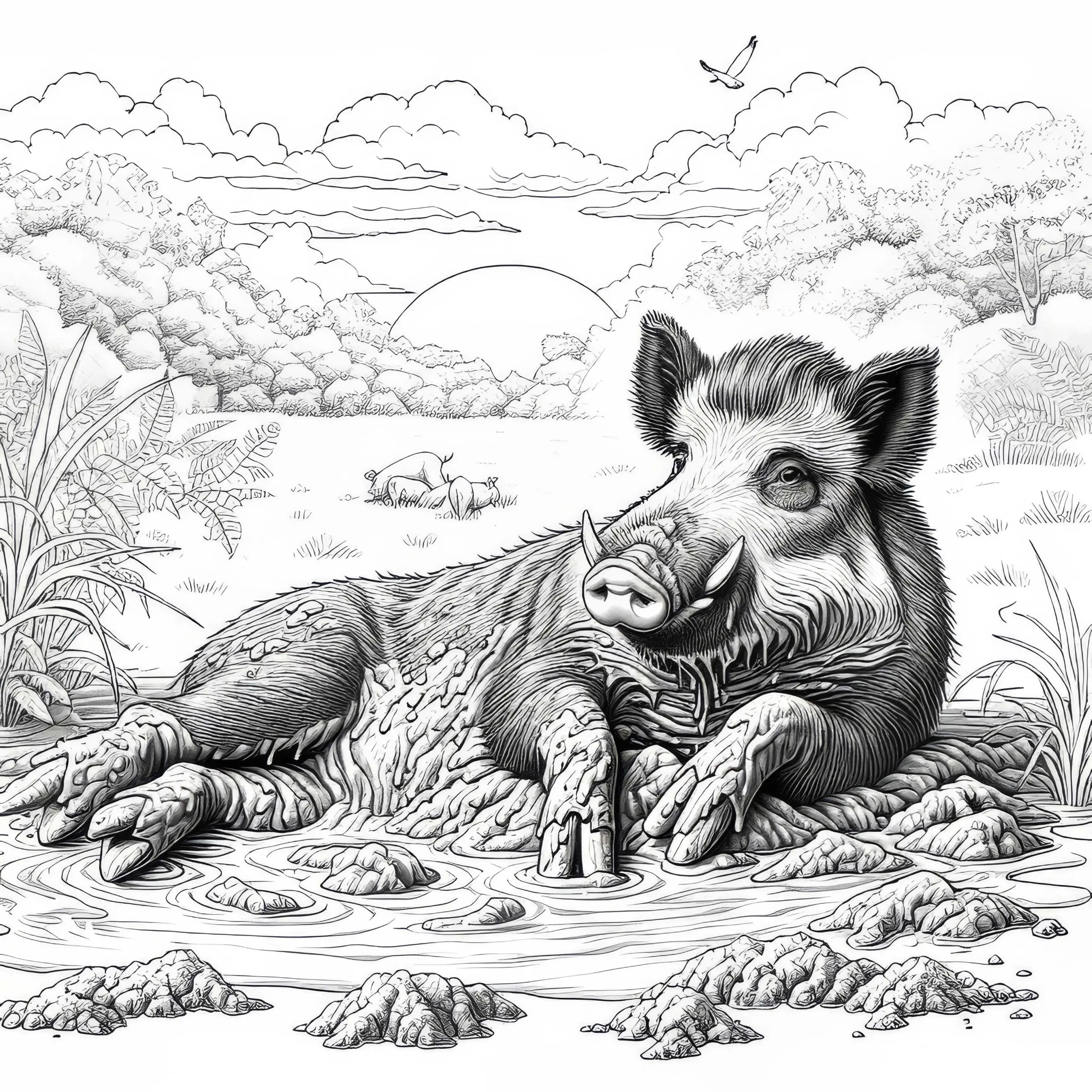 Wildschwein nimmt Schlammbad: Ausmalbild zum Ausdrucken (Gratis)