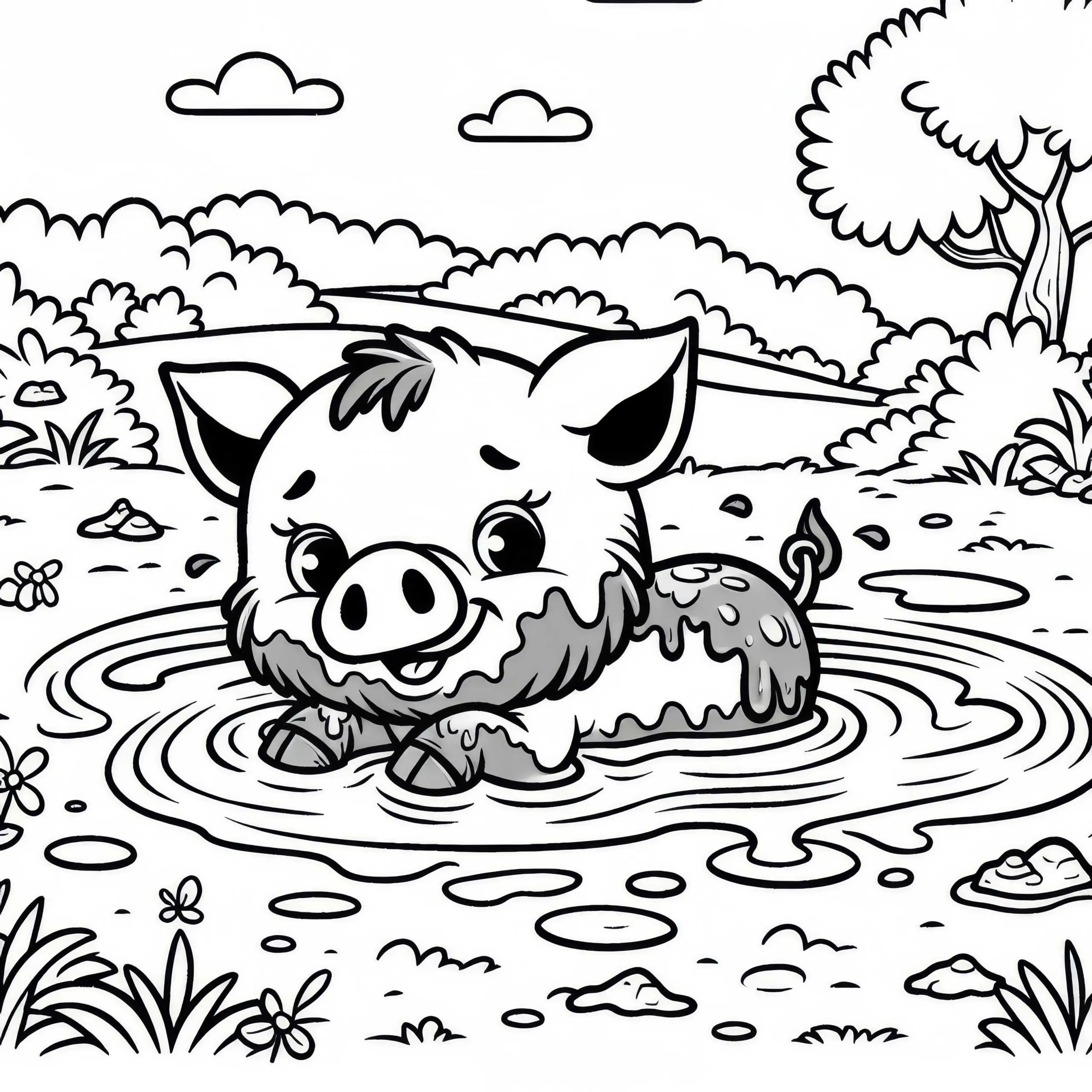 Wildschwein nimmt Schlammbad: Einfaches Ausmalbild (Kostenlos)