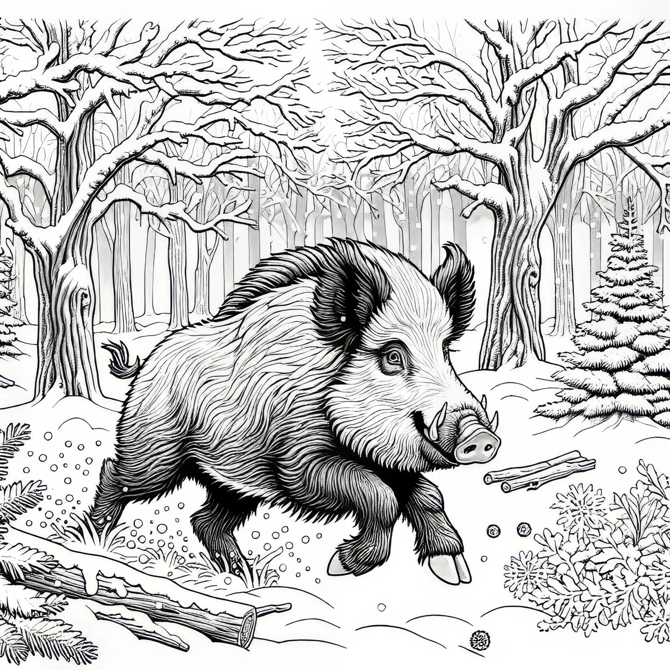 Wildschwein rennen durch verschneiten Wald: Ausmalbild zum Herunterladen (Gratis)
