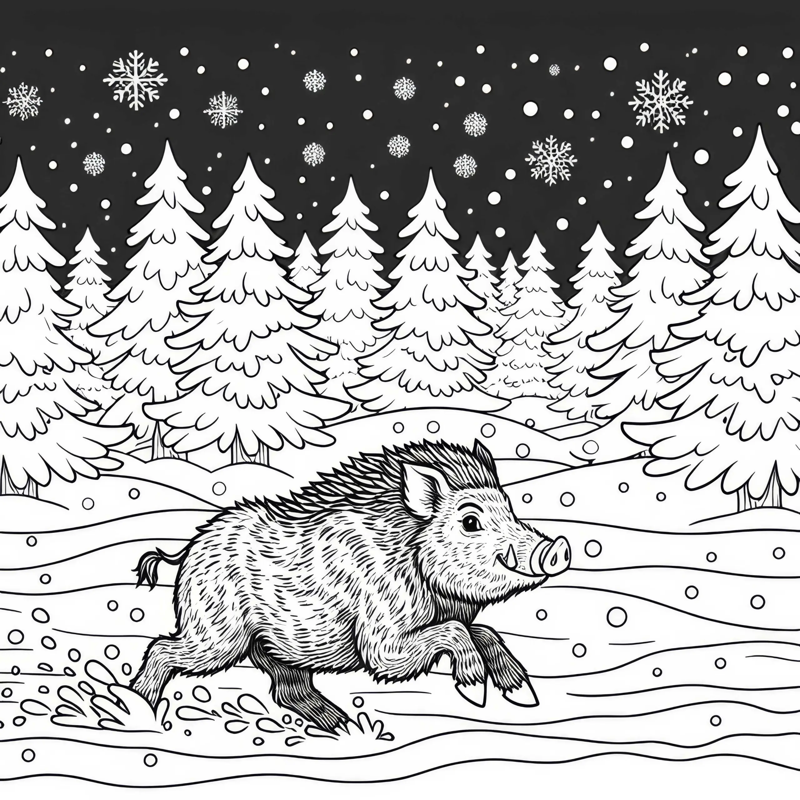 Wildschwein rennt durch verschneiten Wald: Einfaches Ausmalbild (Kostenlos)