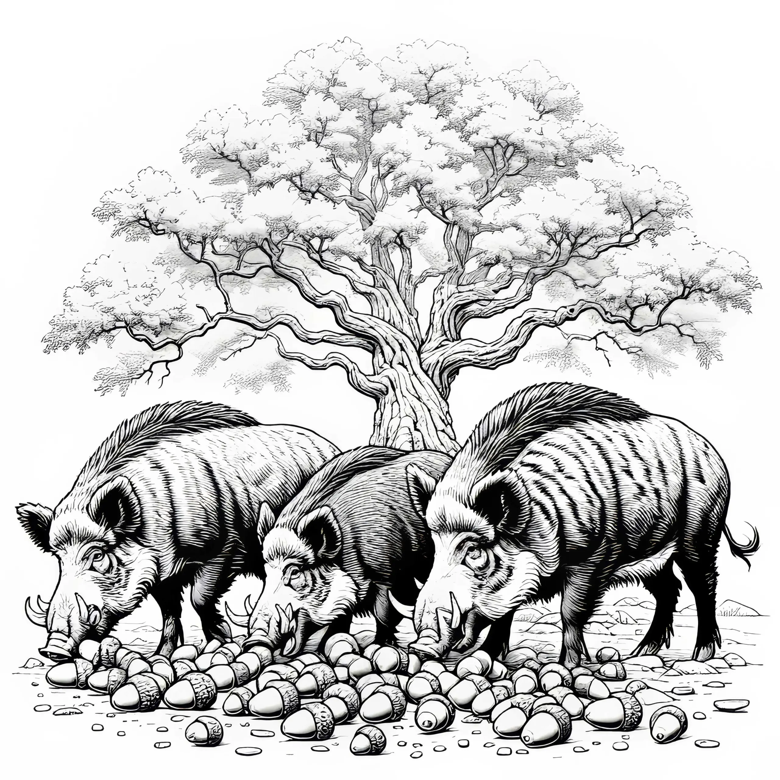 Wildschweine fressen Eicheln unter Baum: Ausmalbild zum Ausdrucken (Kostenlos)