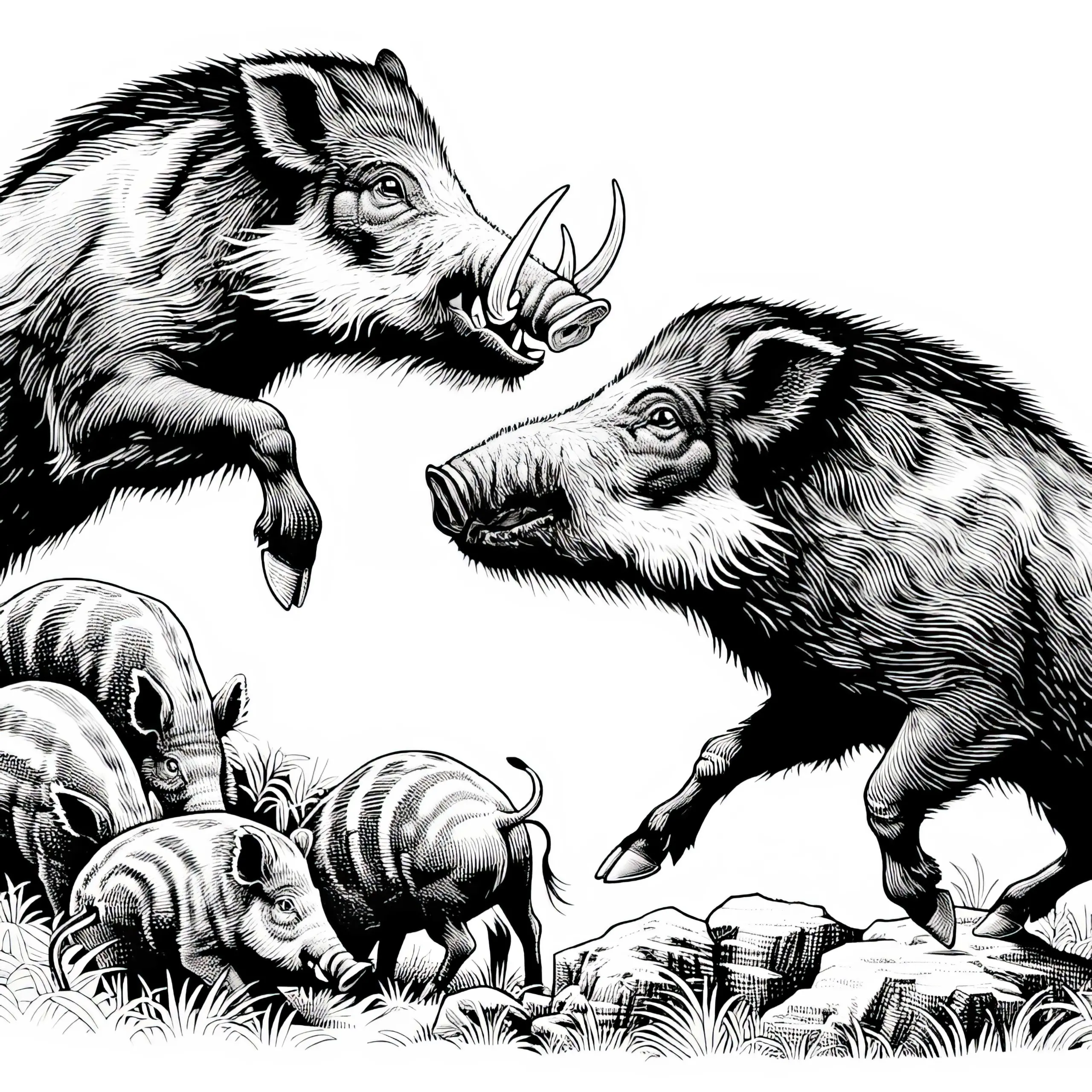 Wildschweine kämpfen mit ihren Hauern: Detailreiche Malvorlage (Gratis) (Ausmalbild)