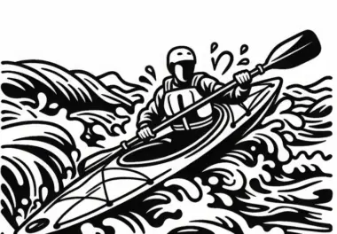 Wildwasser-Kajakfahrer navigiert durch starke Stromschnellen – Kostenloses Ausmalbild