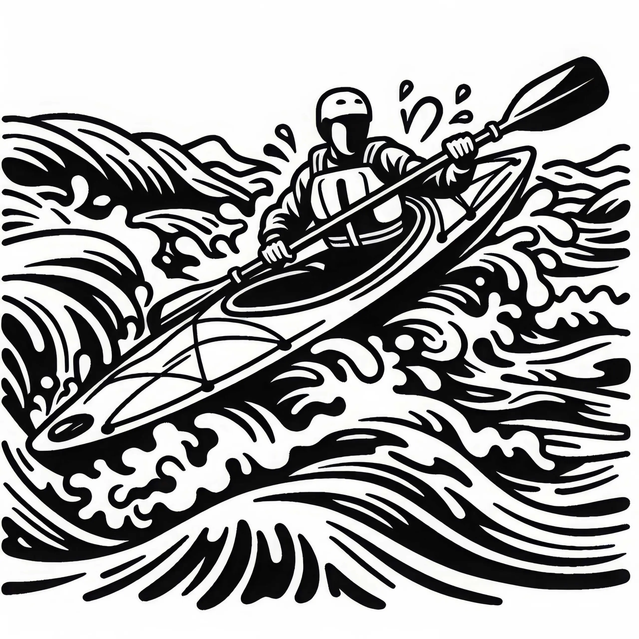Wildwasser-Kajakfahrer navigiert durch starke Stromschnellen – Kostenloses Ausmalbild