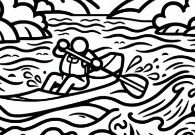 Wildwasserpaddler navigiert durch starke Strömungen – Ausmalbild einfach kostenlos