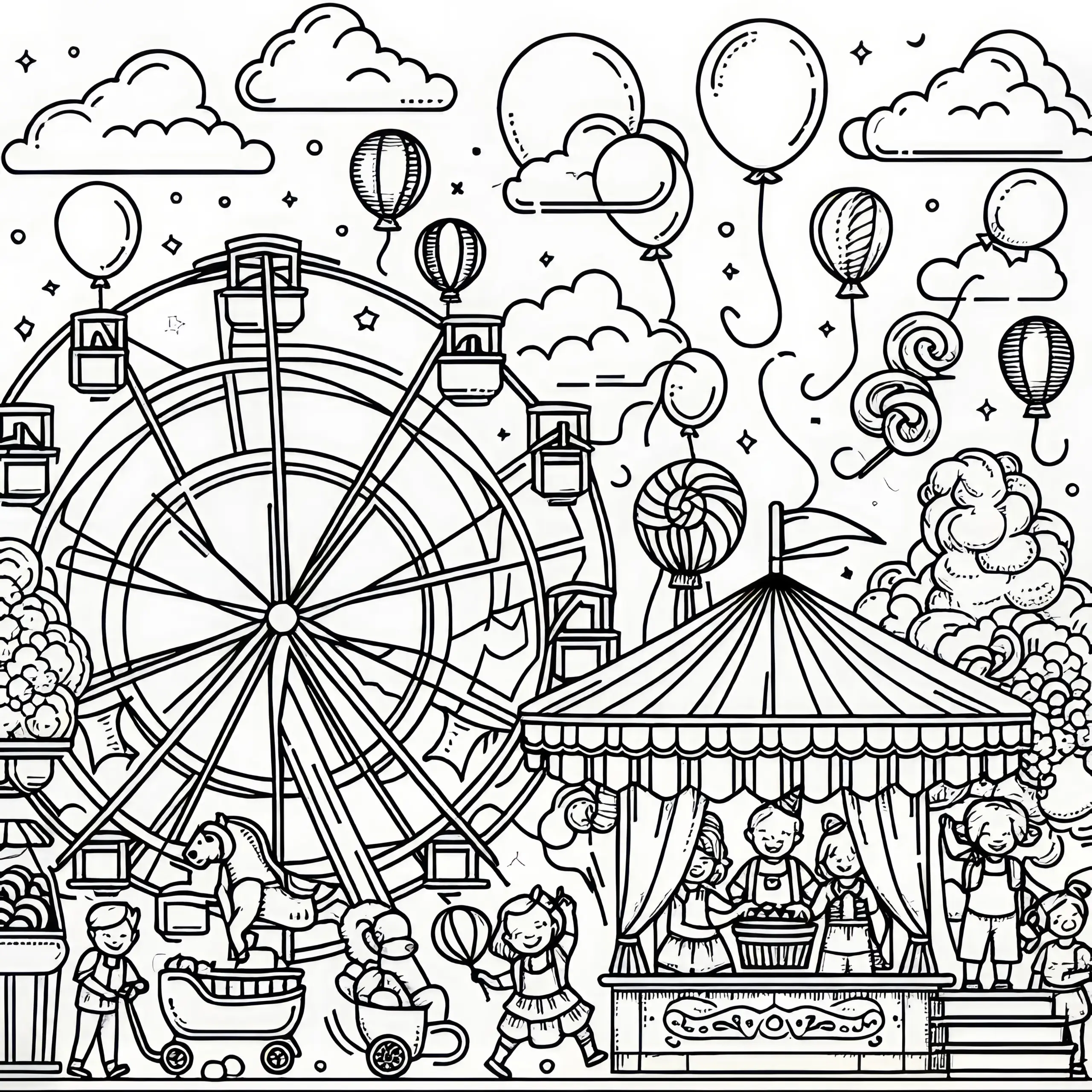 Wimmelbild Freizeitpark: Malvorlage zum Herunterladen (Gratis) (Ausmalbild)