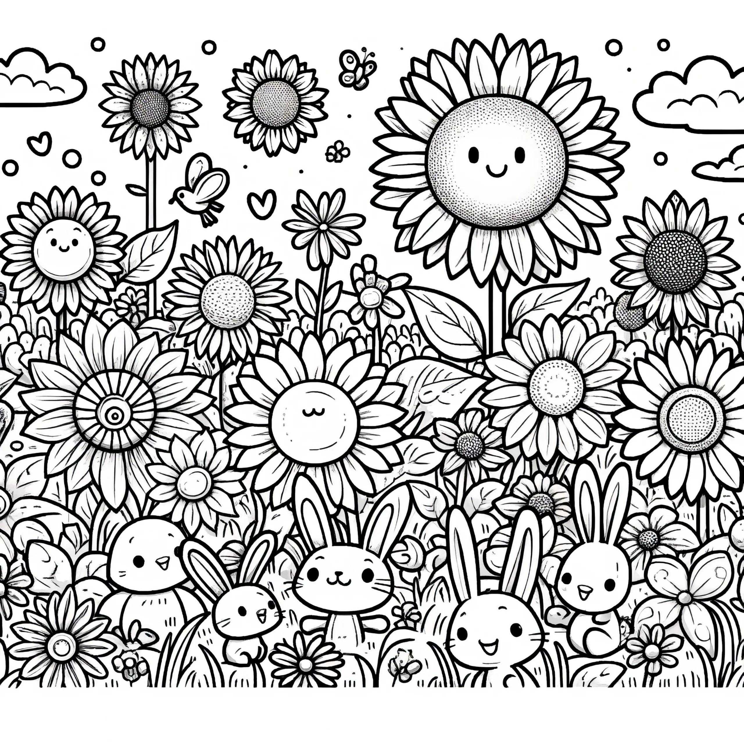 Wimmelbild mit Sonnenblumen und Hasen: Ausmalbild zum Download (Gratis)