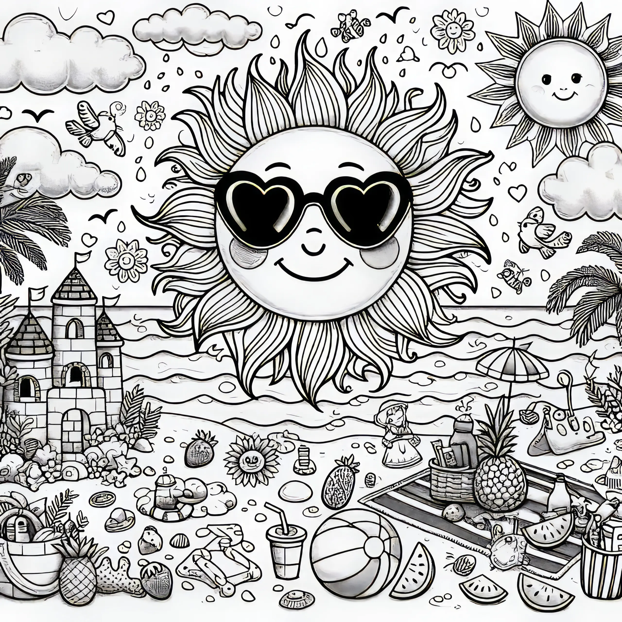 Wimmelbild Strand: Sommerliche Malvorlage mit verliebter Sonne (Gratis) (Ausmalbild)