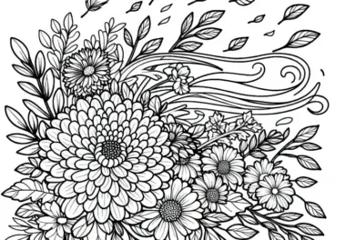 Wind weht durch Herbstblumen: Malvorlage gratis herunterladen