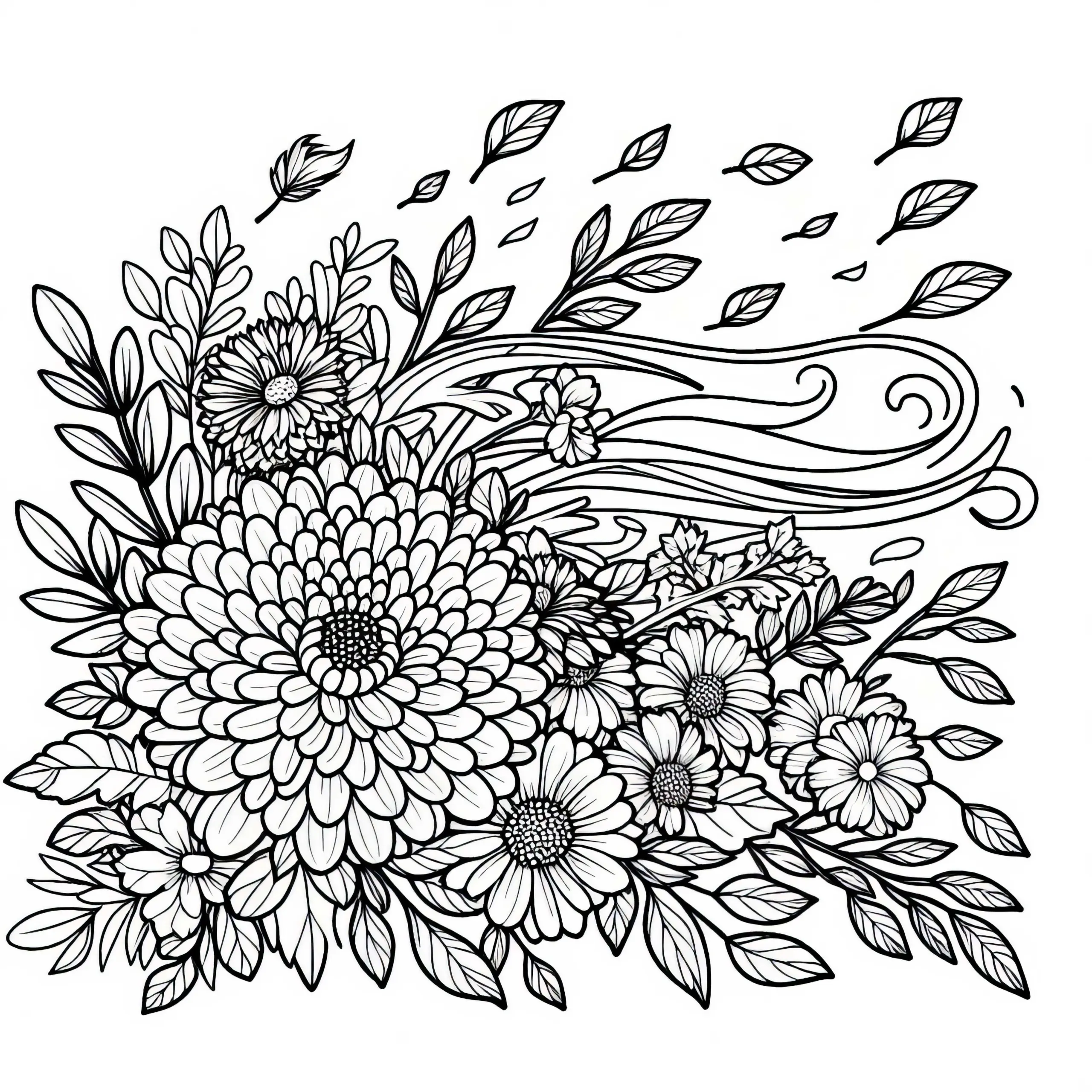 Wind weht durch Herbstblumen: Malvorlage gratis herunterladen (Ausmalbild)