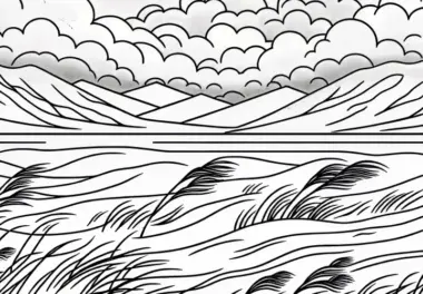 Wind weht über grasbewachsene Steppe – Ausmalbild kostenlos herunterladen