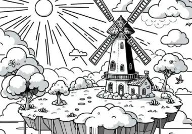 Windmühle auf Wolkeninsel dreht sich im Sonnenlicht – Malvorlage Kostenlos