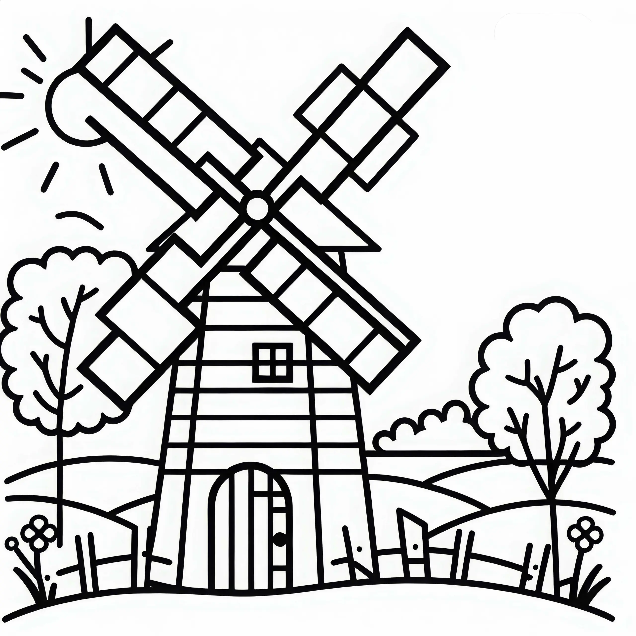 Ausmalbild einer Windmühle zum kostenlosen Download