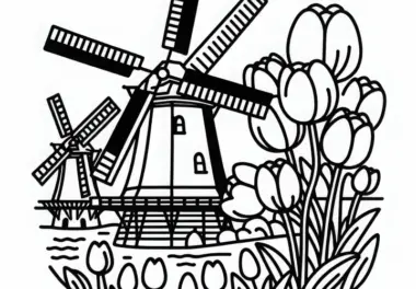 Windmühlen von Kinderdijk in den Niederlanden mit Tulpen als Ausmalbild