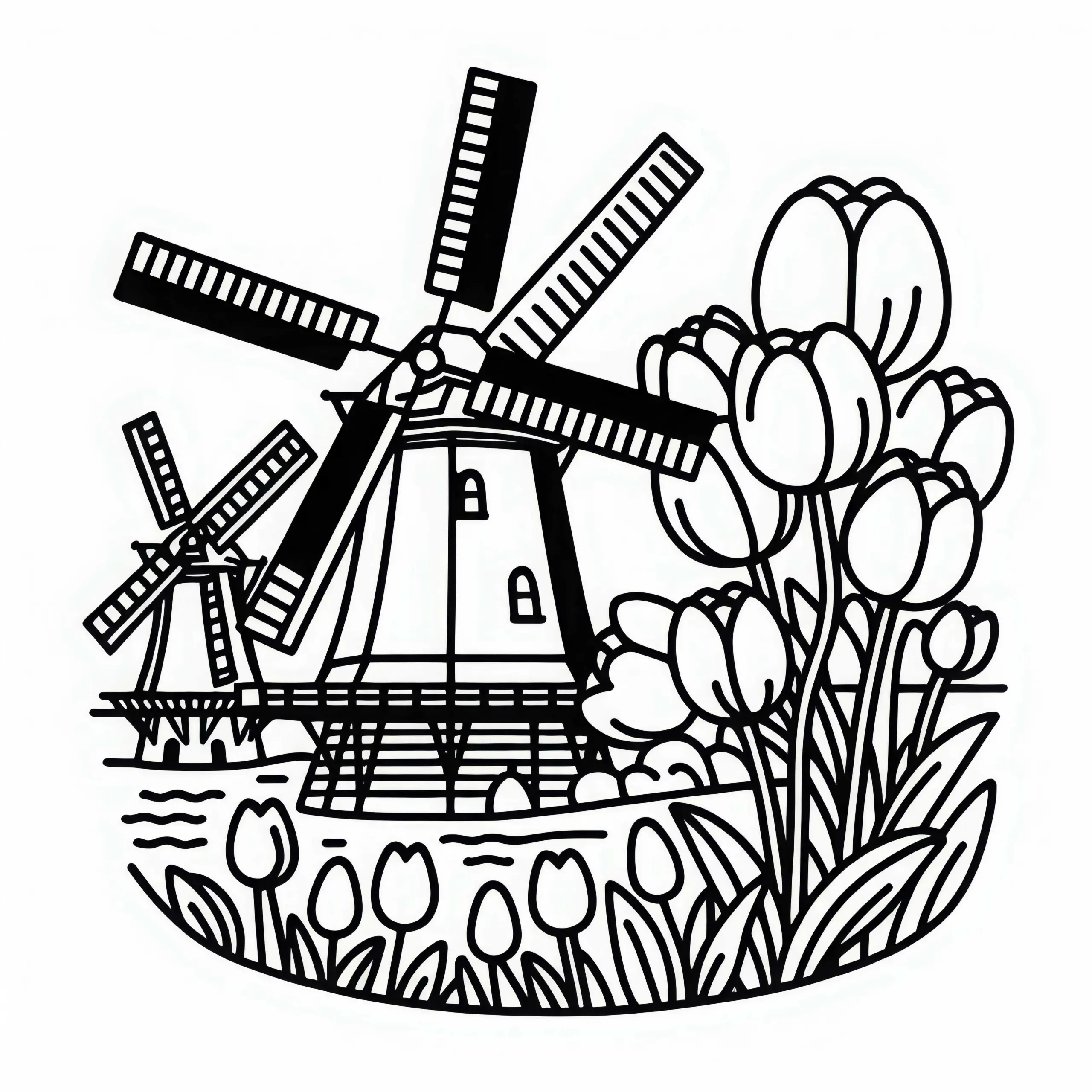 Windmühlen von Kinderdijk in den Niederlanden mit Tulpen als Ausmalbild