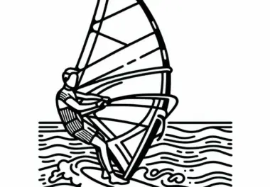 Windsurfer hält Segel und gleitet übers Wasser – Ausmalbild kostenlos