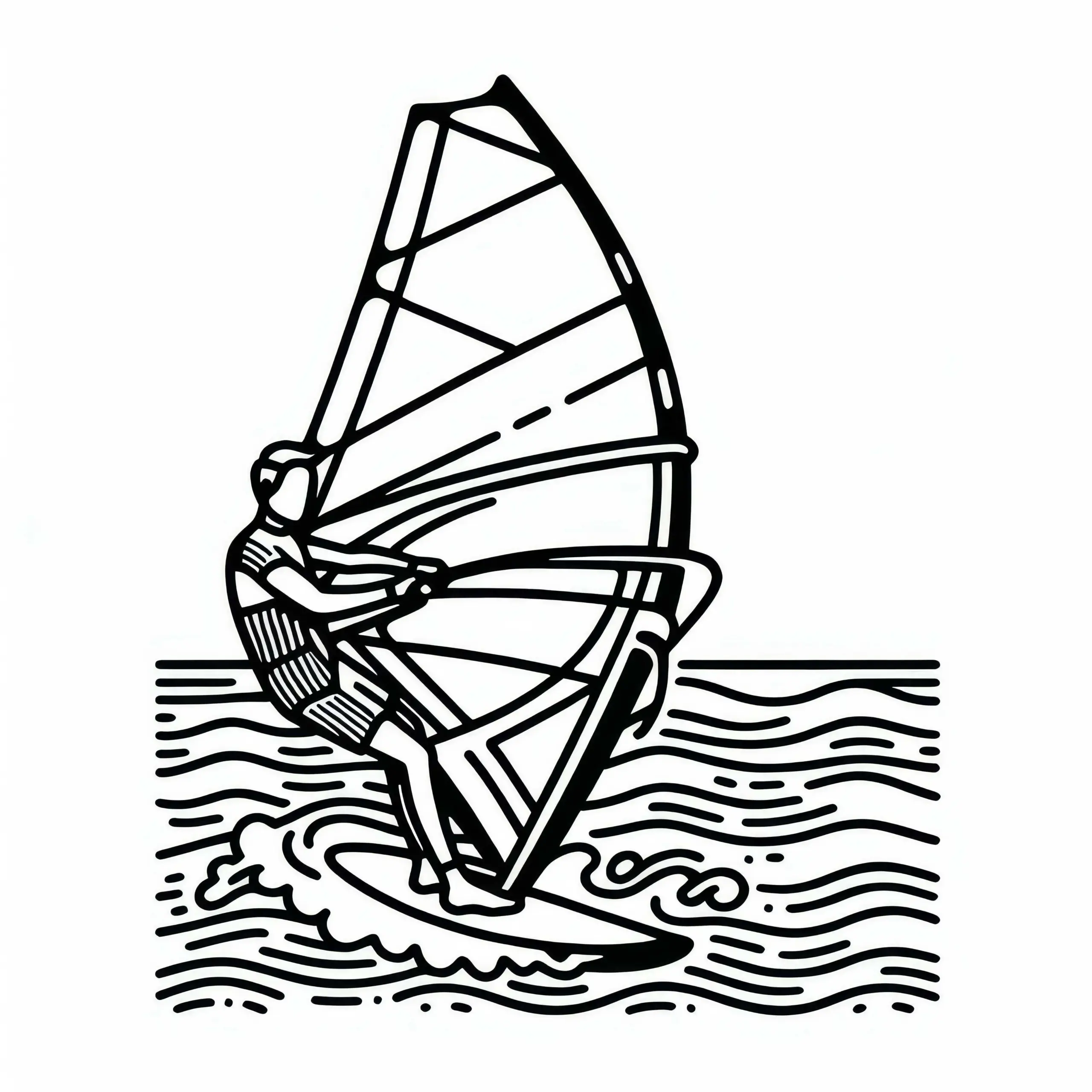Windsurfer hält Segel und gleitet übers Wasser – Ausmalbild kostenlos