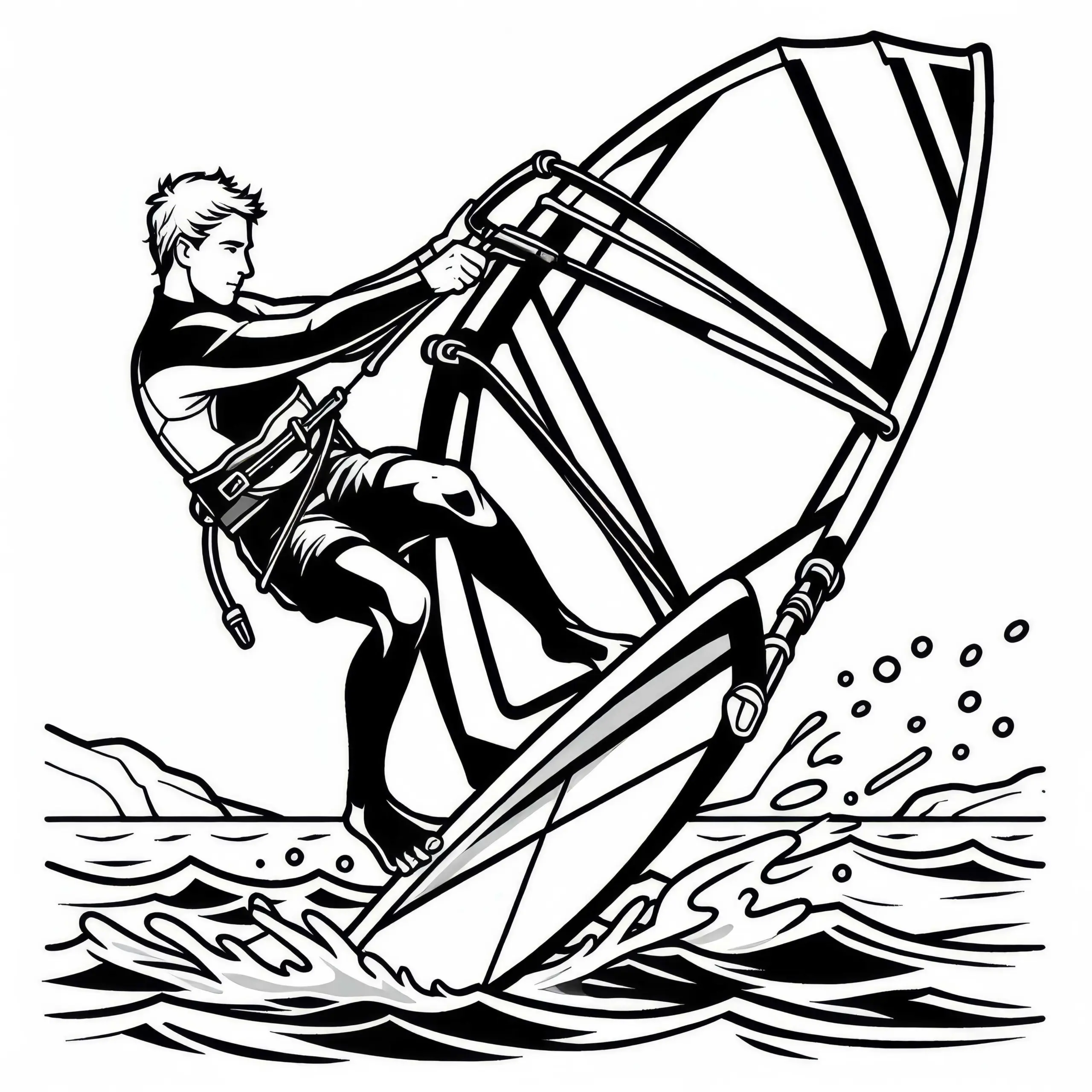 Windsurfer hebt Brett aus dem Wasser für einen Sprung – Malvorlage kostenlos (Ausmalbild)