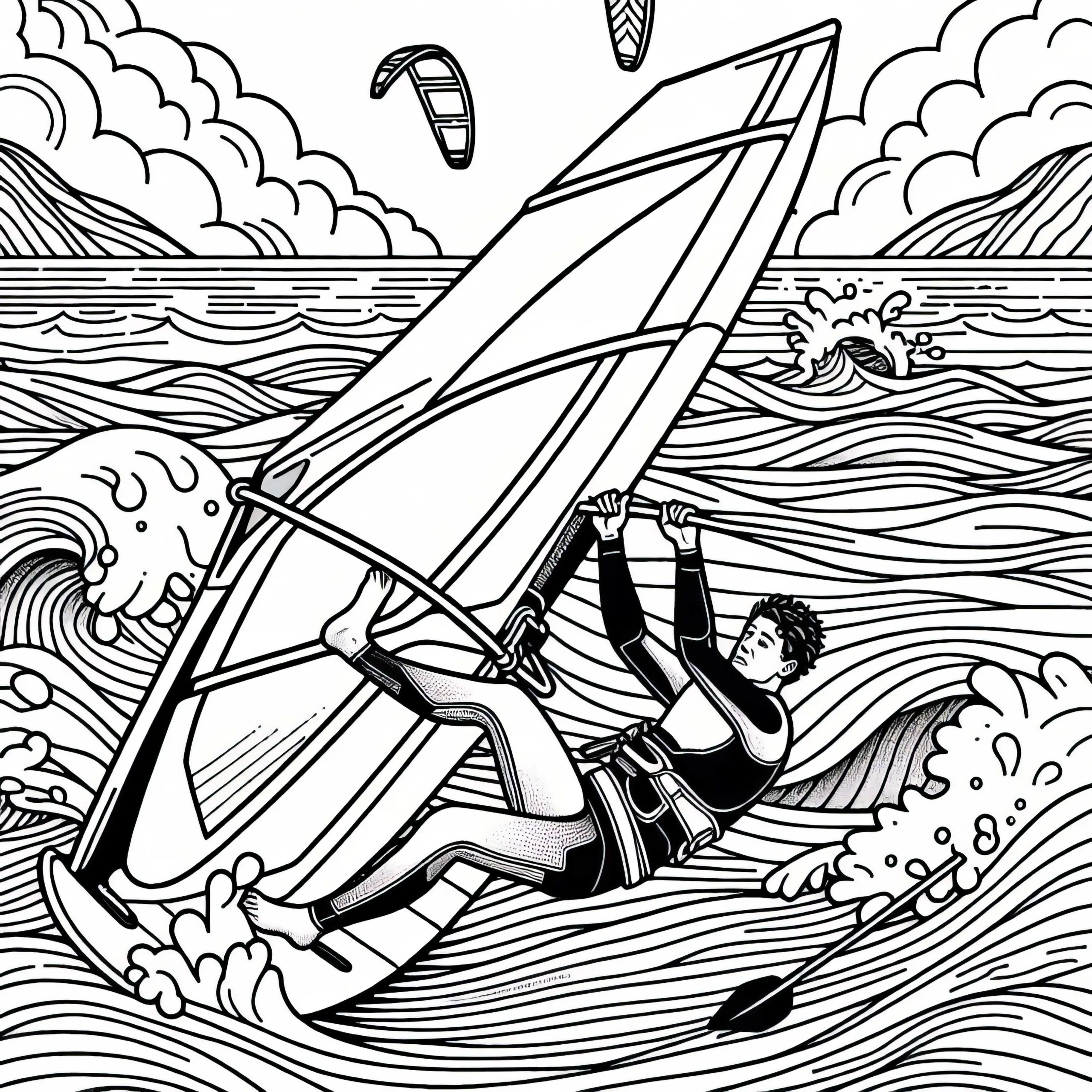 Windsurfer verliert die Kontrolle – Ausmalbild gratis