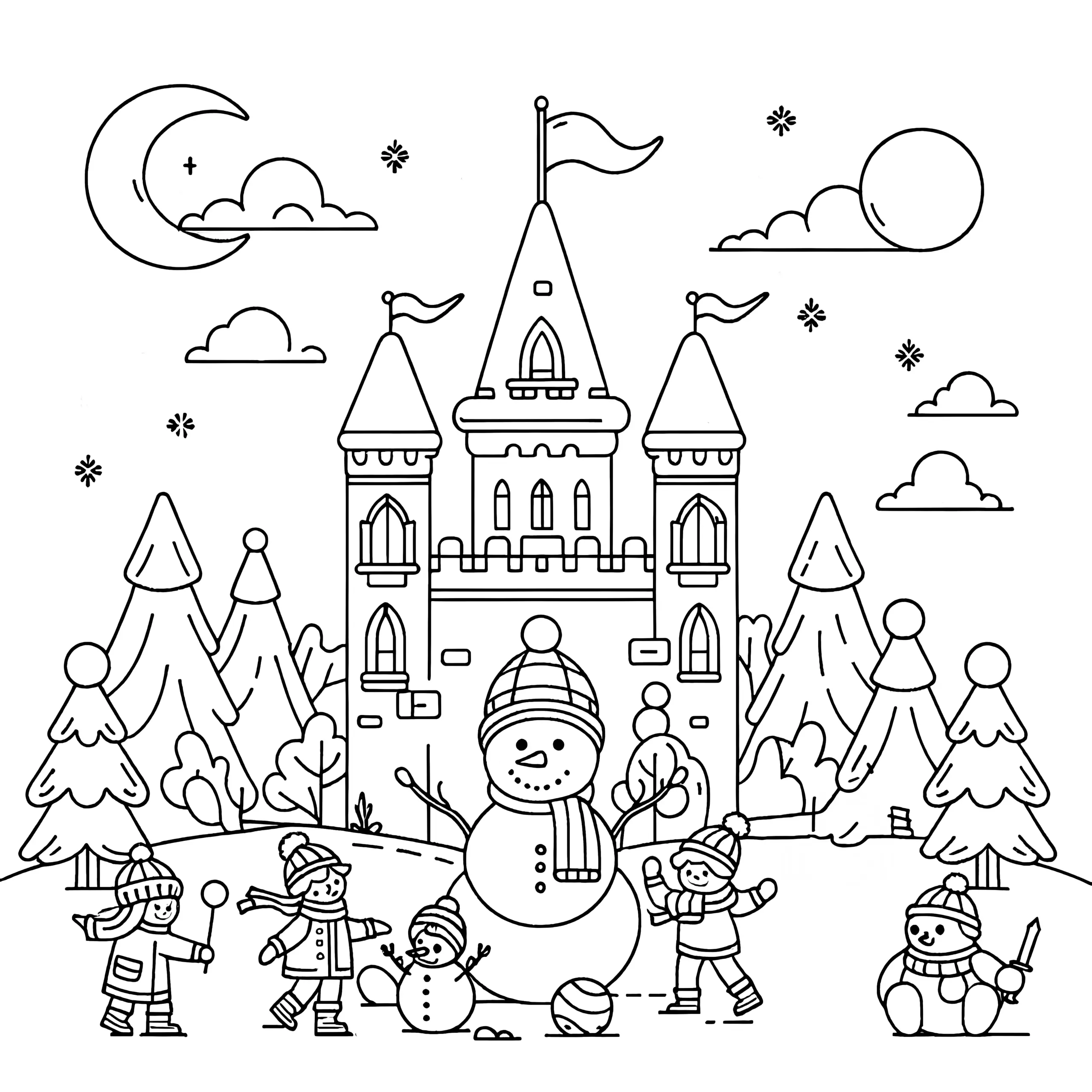Winterbild mit Schloss & Mond: einfache Malvorlage für Kinder (Ausmalbild)