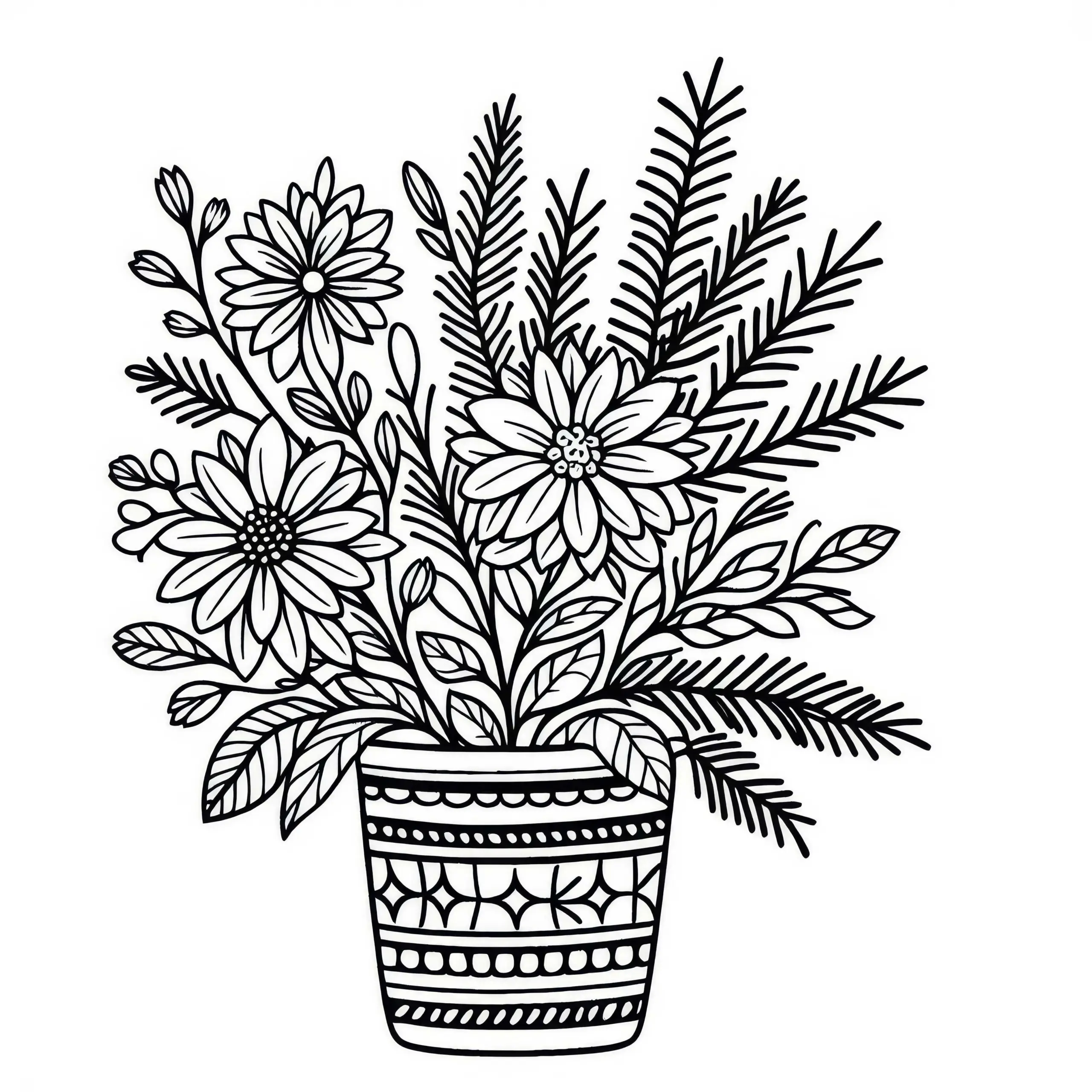 Winterblumen im Pflanzkübel mit Tannenzweigen – Malvorlage gratis (Ausmalbild)