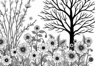 Winterblumen unter kahlem Baum – Ausmalbild gratis