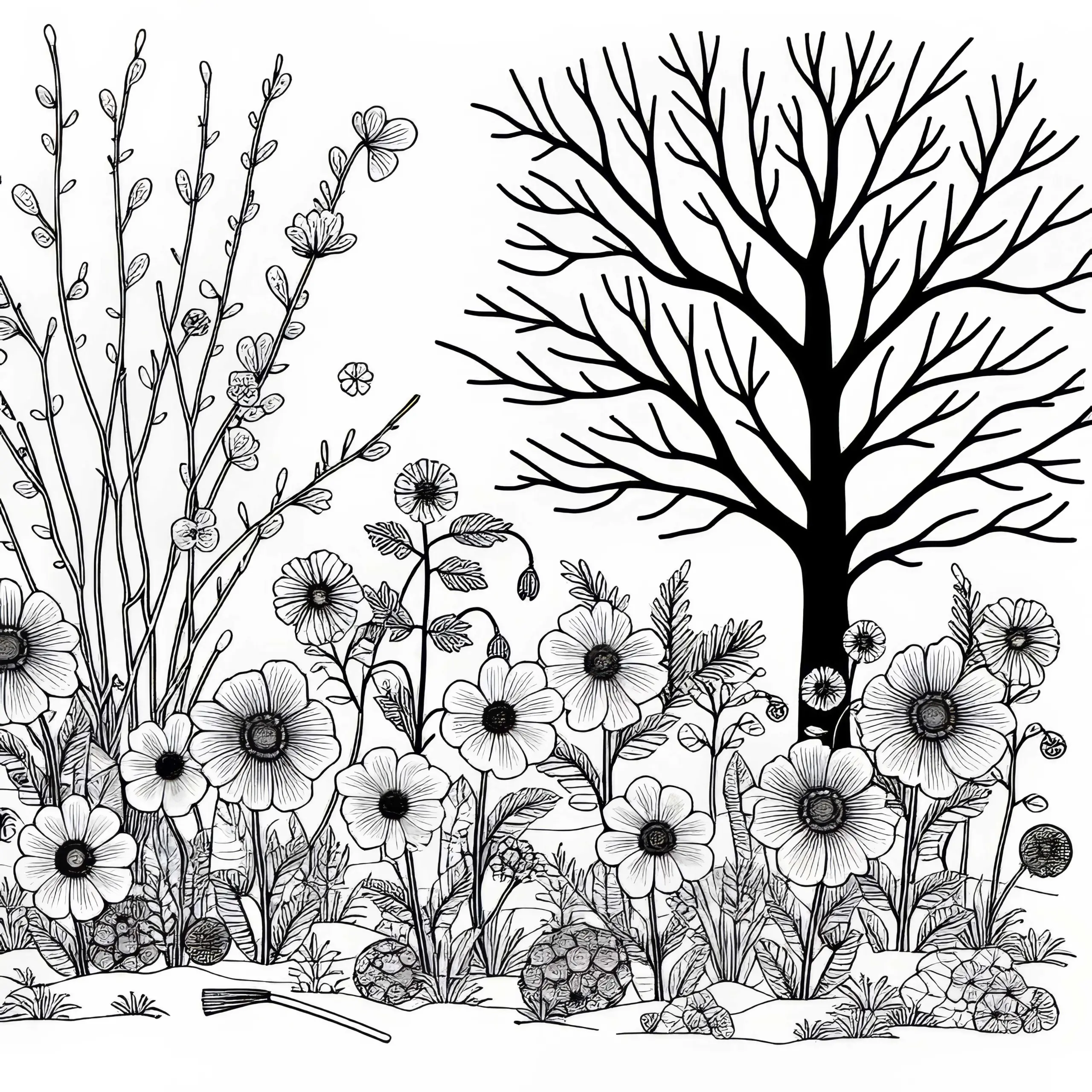 Winterblumen unter kahlem Baum – Ausmalbild gratis