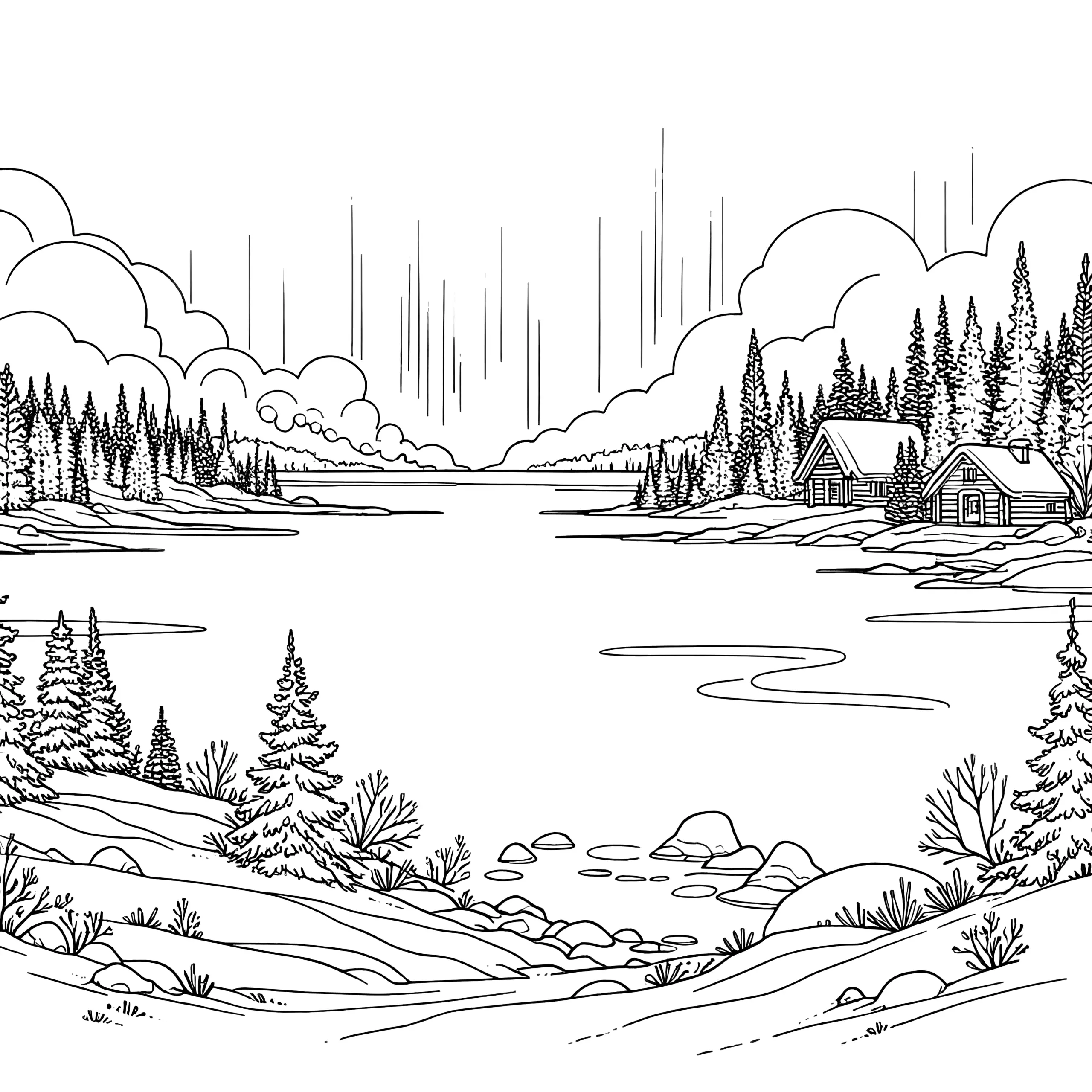 Winterlandschaft – Idylle am See (kostenloses Ausmalbild)