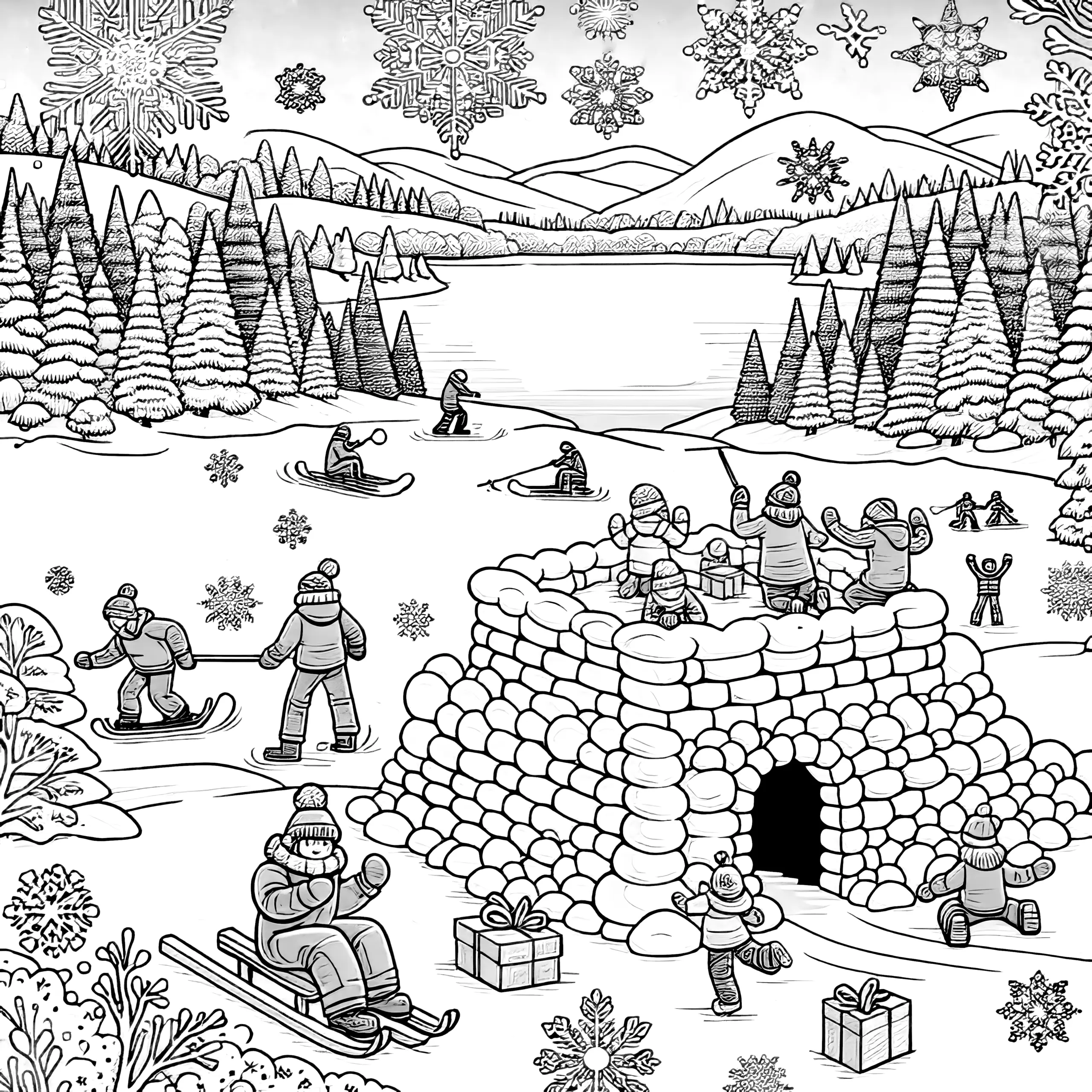 Winterlandschaft: Menschen bauen Iglu (Ausmalbild)