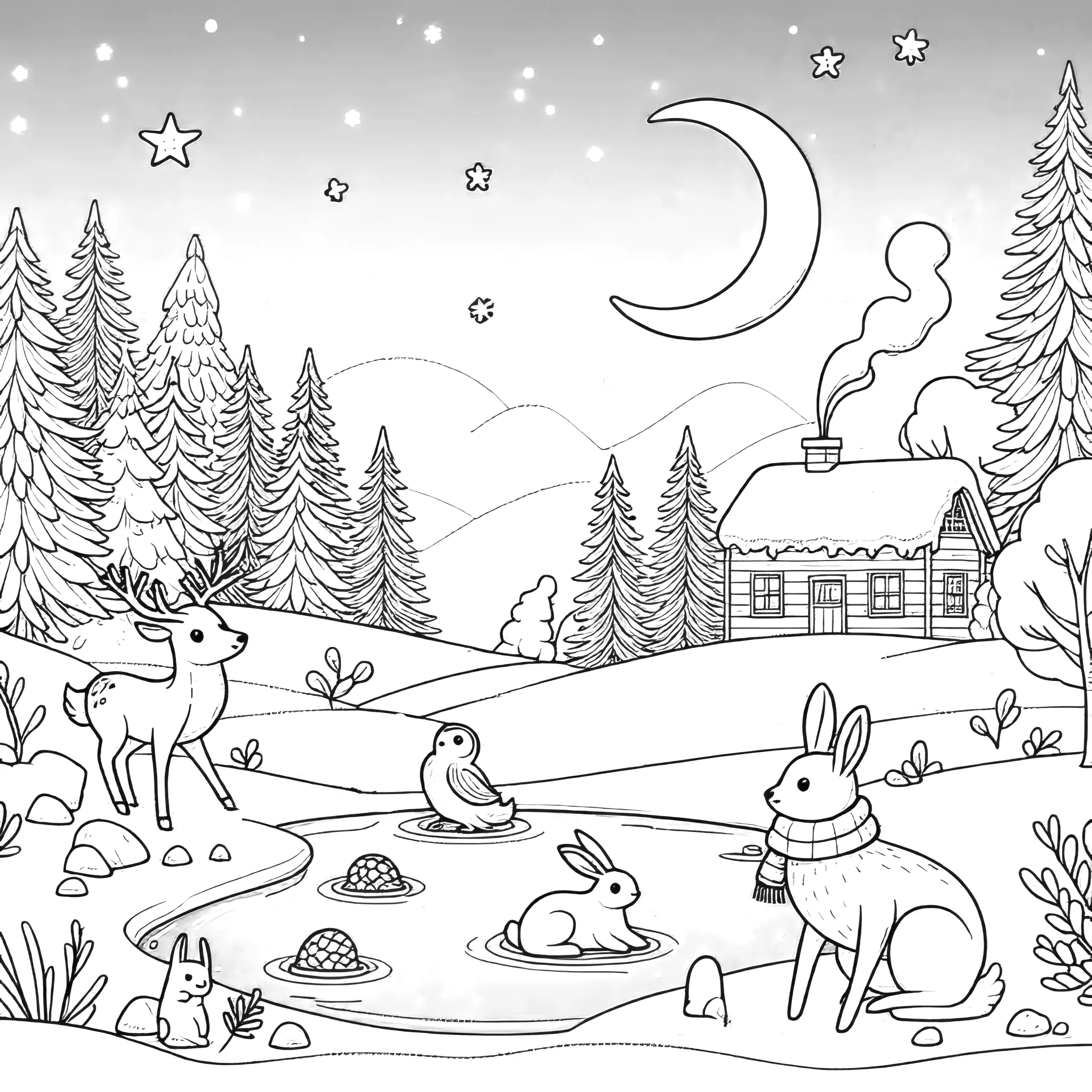 Winterlandschaft mit Tieren bei Nacht: gratis Ausmalbild