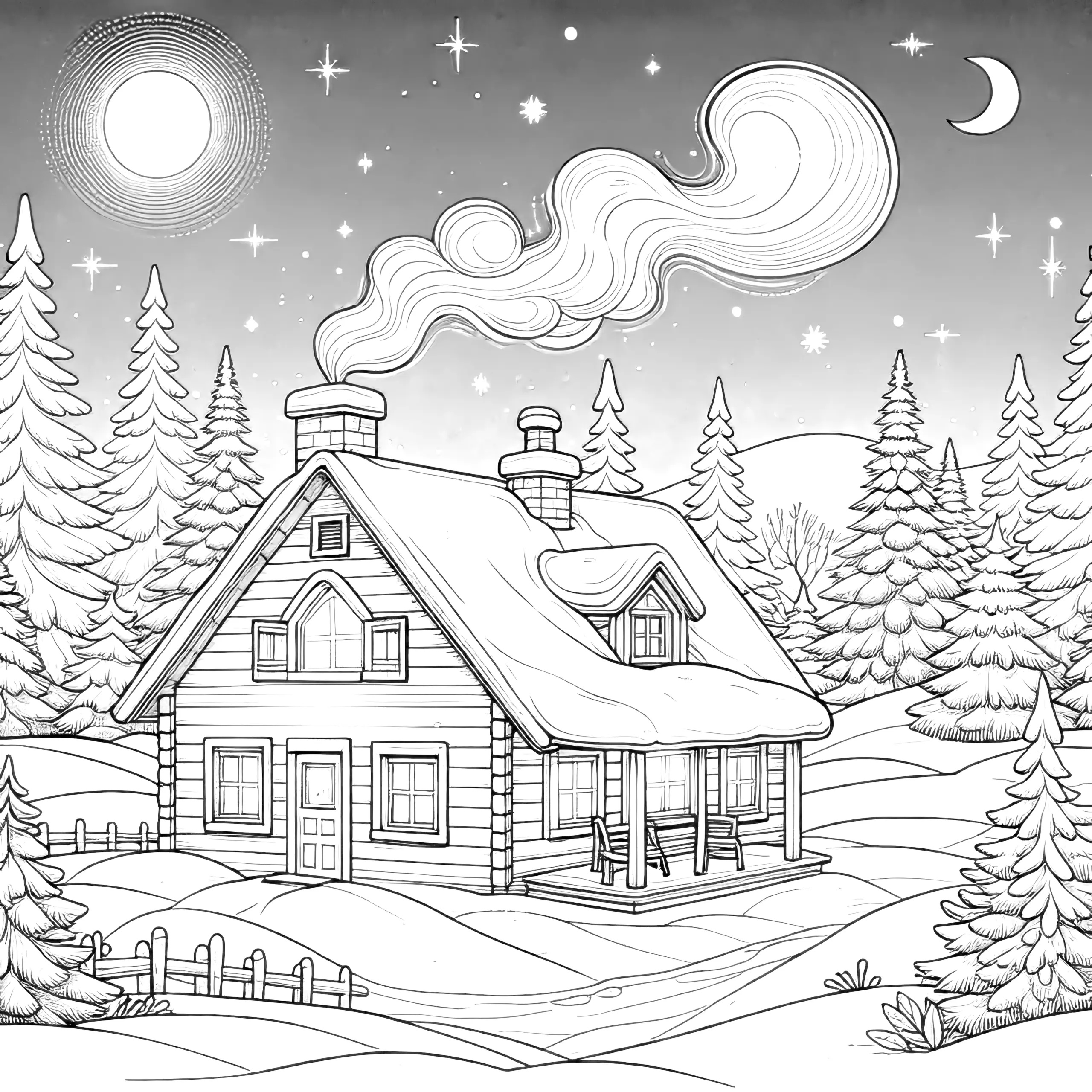 Winterlandschaft bei Nacht mit Holzhütte & Tannen (Malvorlage) (Ausmalbild)