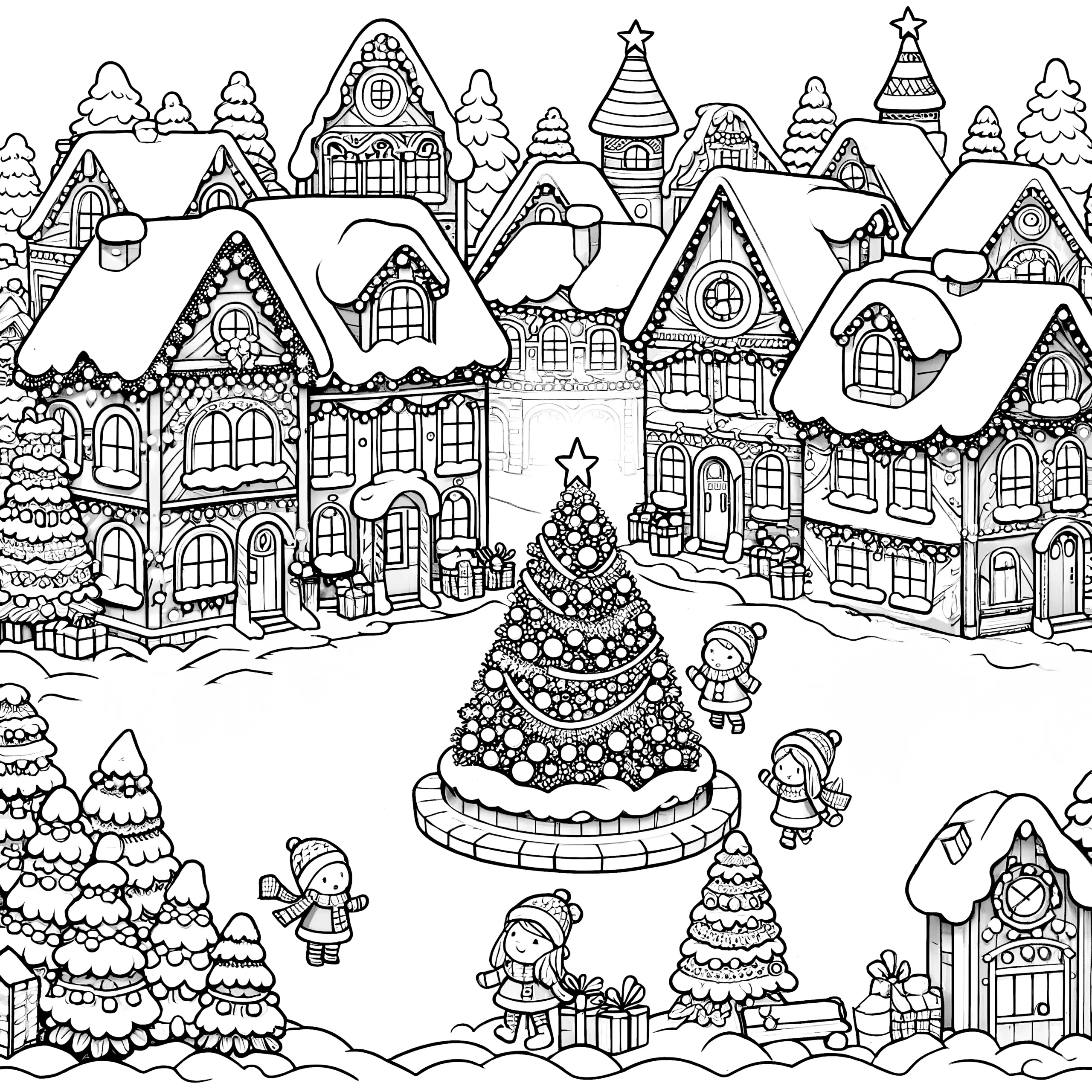 Winterliche Stadt & großer Weihnachtsbaum (Ausmalbild)