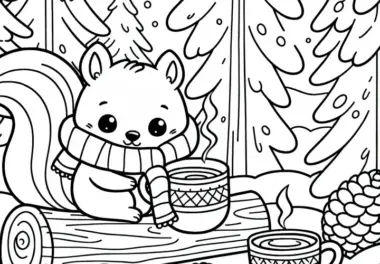 Winterliches Eichhörnchen mit Schal im verschneiten Wald – Ausmalbild kostenlos