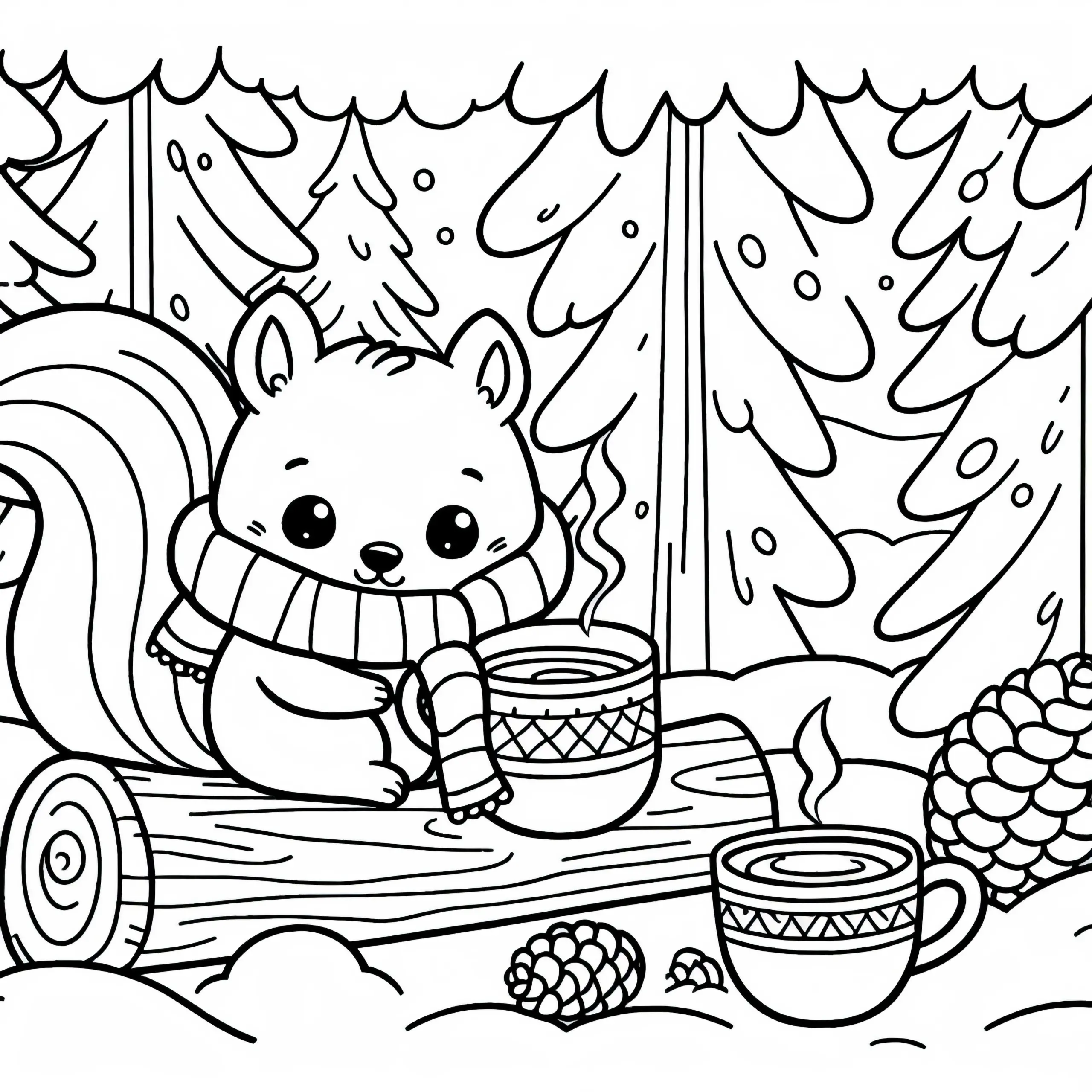 Winterliches Eichhörnchen mit Schal im verschneiten Wald – Ausmalbild kostenlos