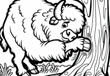 Wisent kratzt sich am Baum – Ausmalvorlage einfach kostenlos