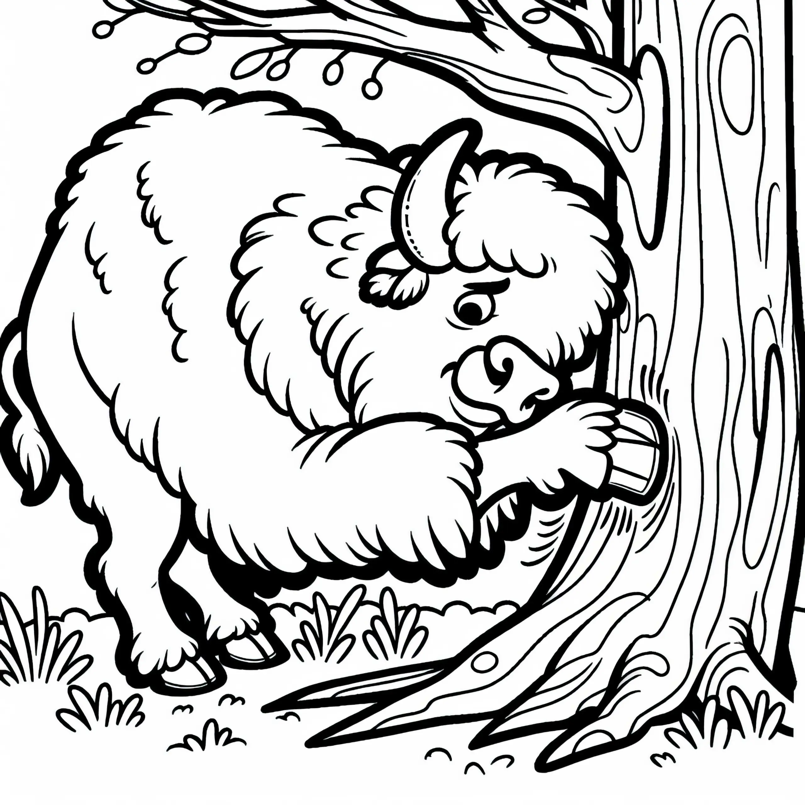 Wisent kratzt sich am Baum – Ausmalvorlage einfach kostenlos (Ausmalbild)