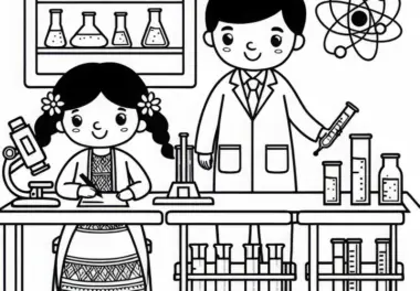 Wissenschaftler im Labor mit Reagenzgläsern – Malvorlage kostenlos