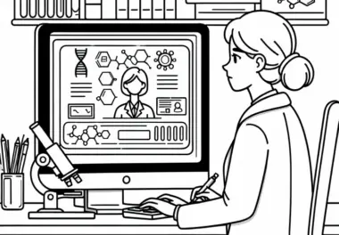 Wissenschaftlerin bei der Analyse von Daten auf Computer – Ausmalbild kostenlos