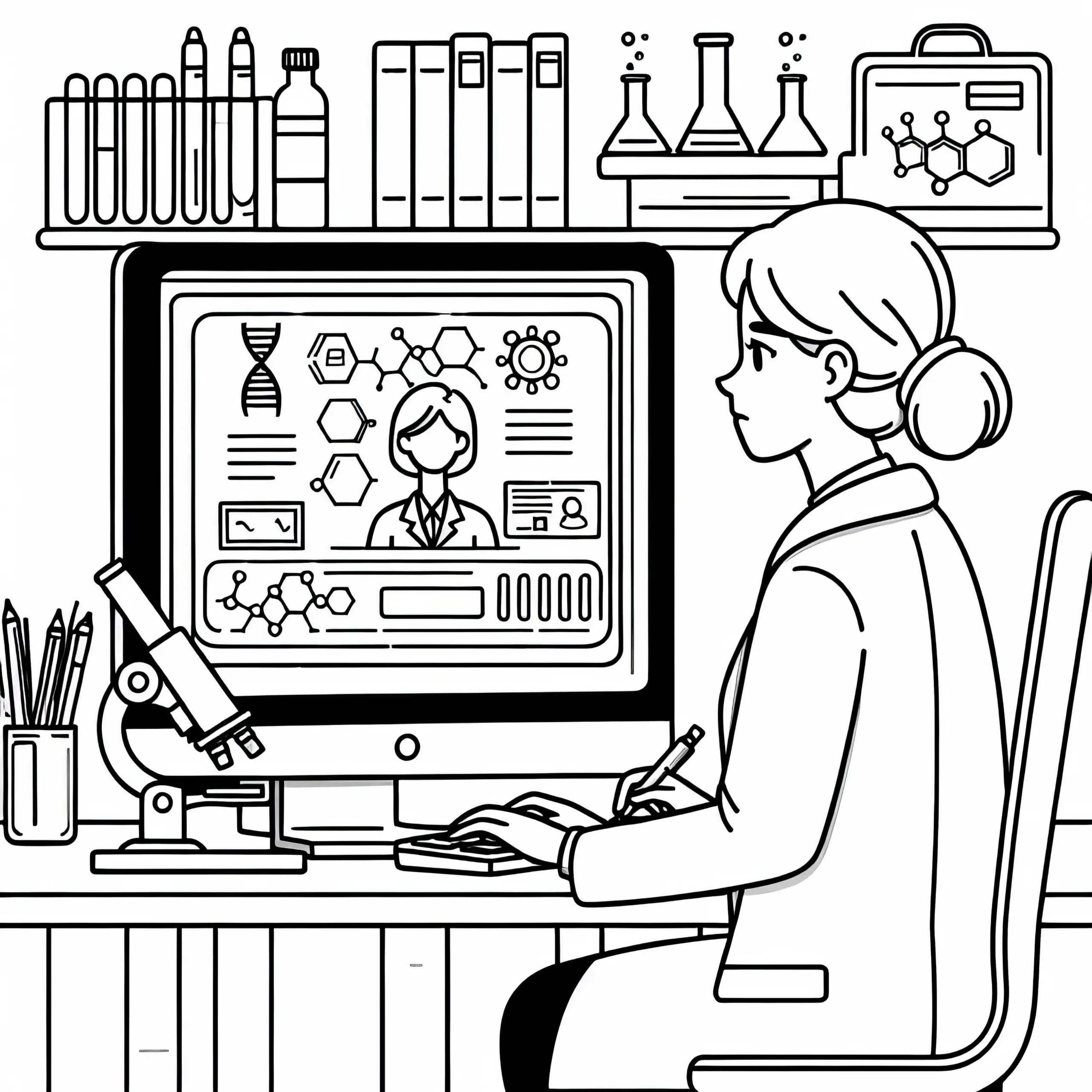 Wissenschaftlerin bei der Analyse von Daten auf Computer – Ausmalbild kostenlos
