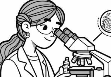 Wissenschaftlerin bei der Untersuchung eines Mikroskopbildes – Malvorlage kostenlos