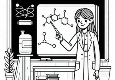 Wissenschaftlerin erklärt eine wissenschaftliche Theorie an der Tafel – Ausmalbild kostenlos