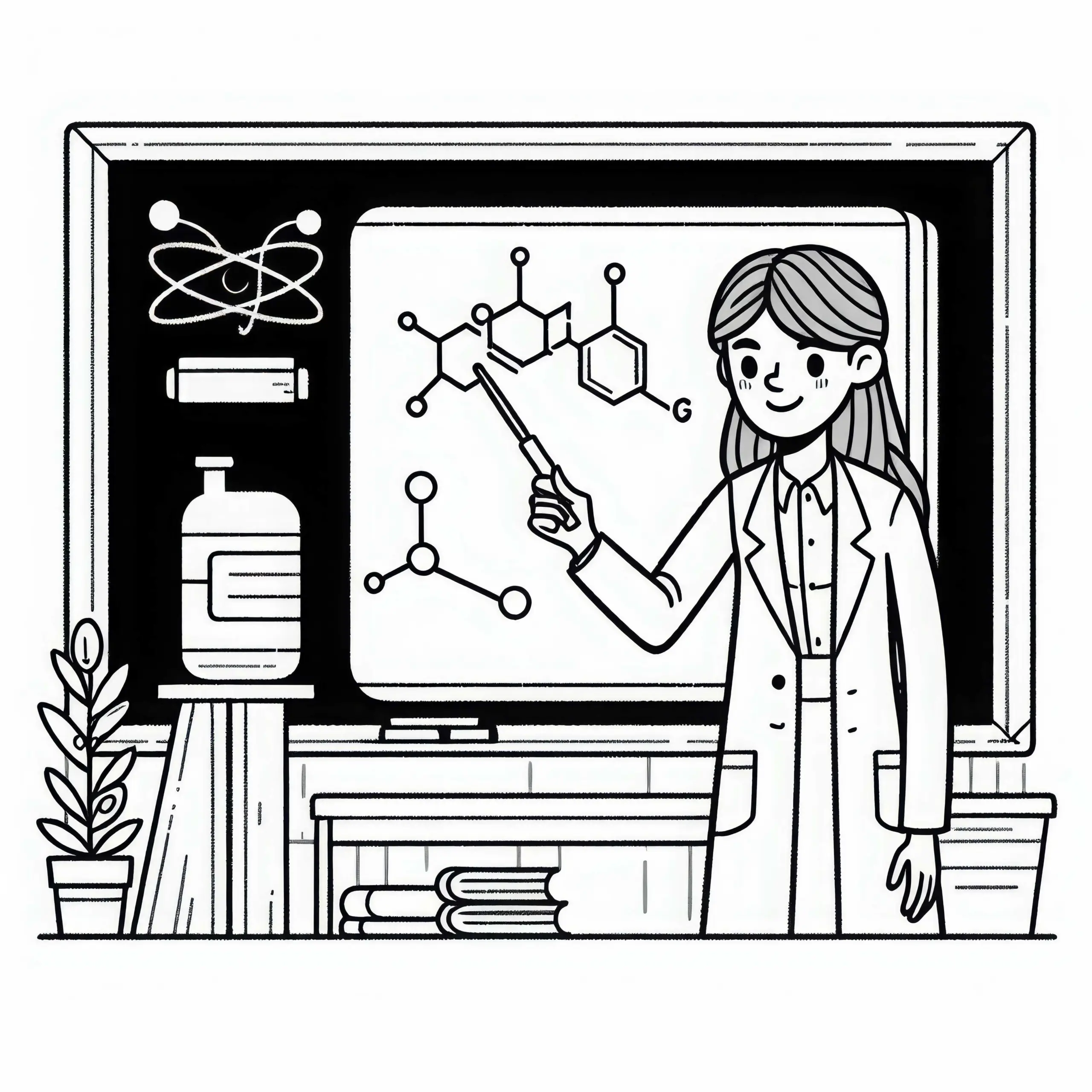Wissenschaftlerin erklärt eine wissenschaftliche Theorie an der Tafel – Ausmalbild kostenlos