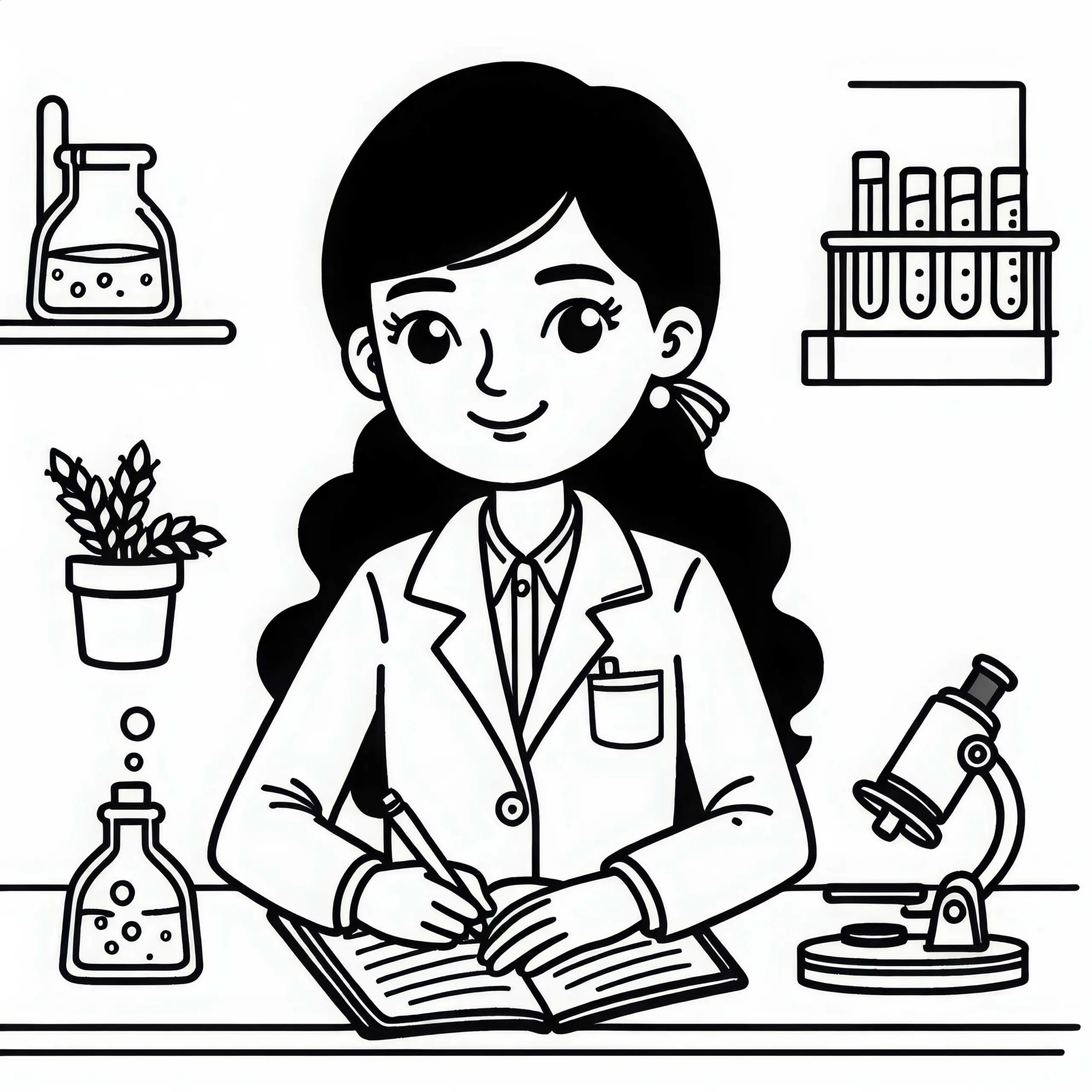 Wissenschaftlerin, die Notizen in Laborjournal schreibt – Malvorlage kostenlos (Ausmalbild)