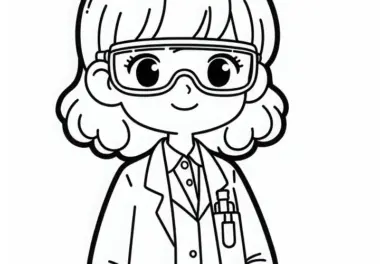 Wissenschaftlerin mit Schutzbrille und Laborkittel Ausmalbild Gratis