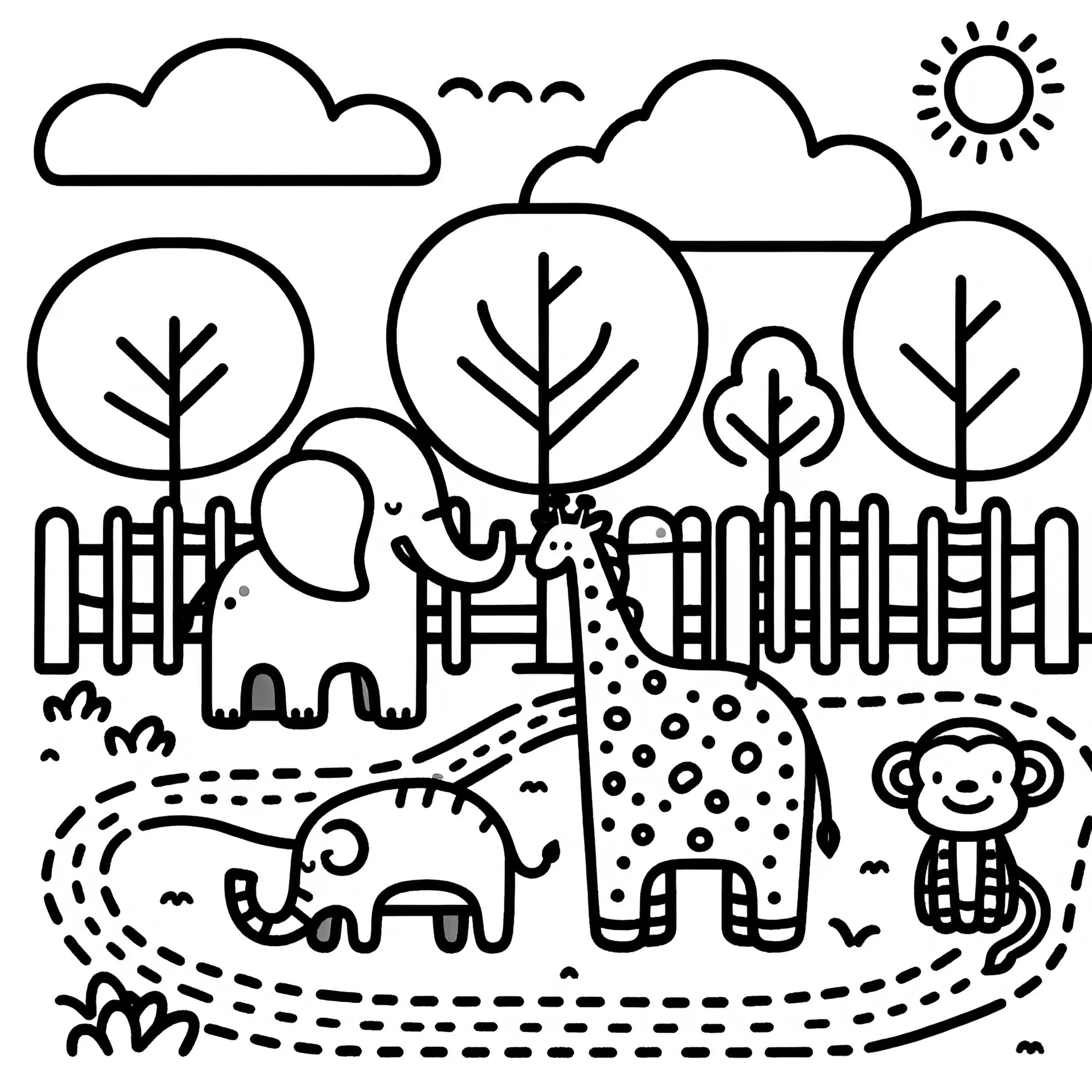 Witzige Tiere aus dem Zoo: Einfache Malvorlage für Kinder (Kostenlos) (Ausmalbild)
