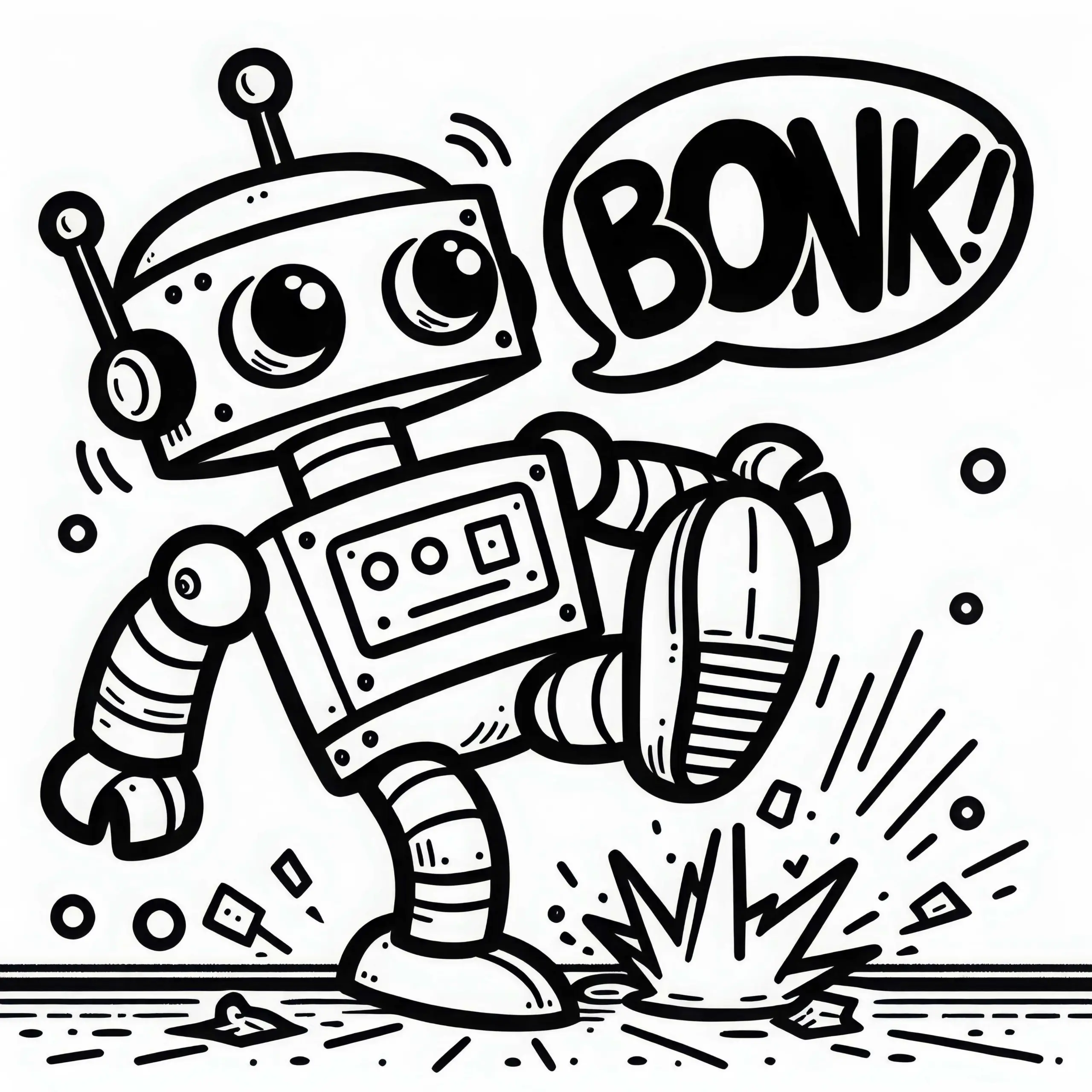 Witziger Roboter fällt über seine eigenen Füße – Malvorlage Comic gratis (Ausmalbild)