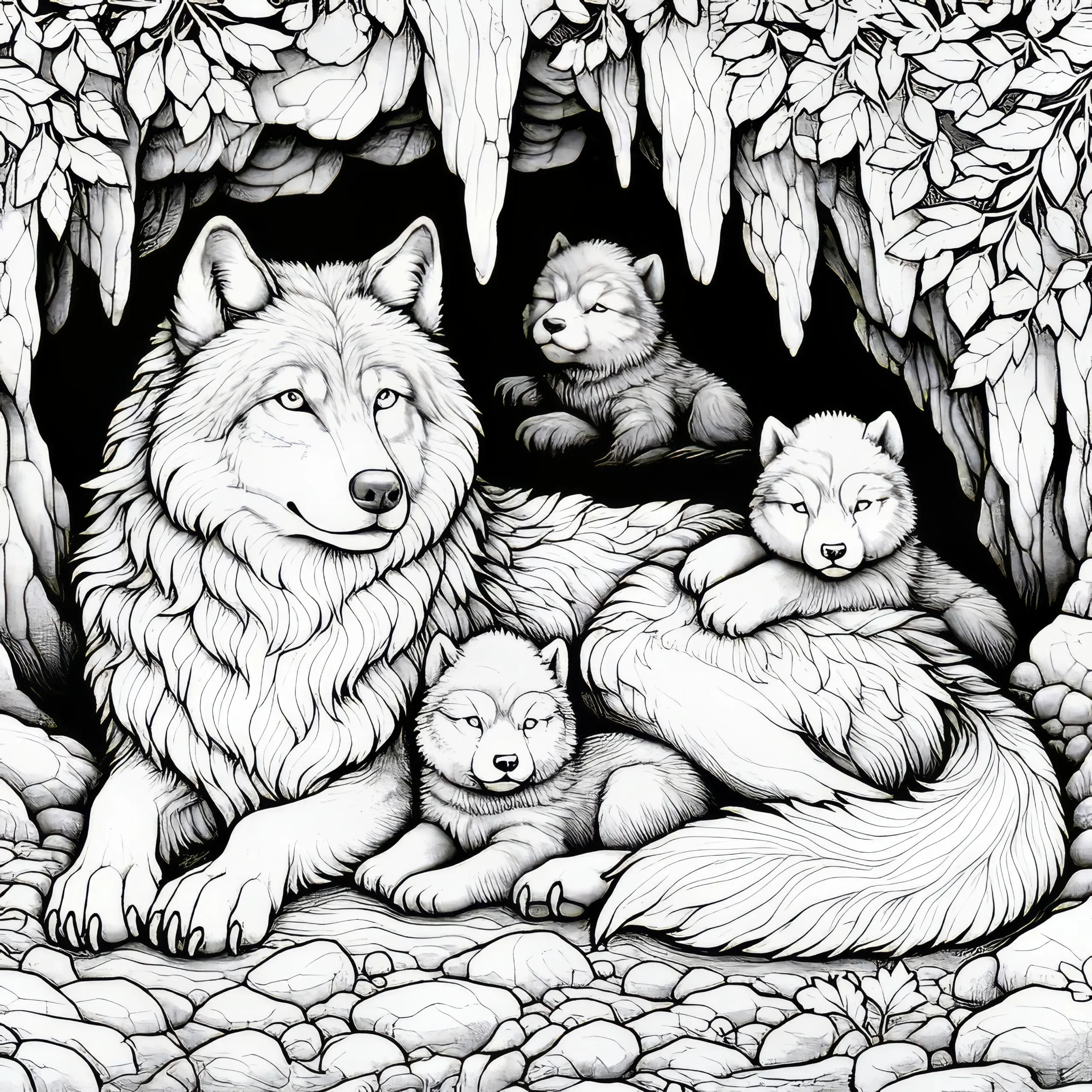 Wölfin mit ihren Welpen ruht in einer Höhle: Malvorlage zum Herunterladen (Kostenlos) (Ausmalbild)