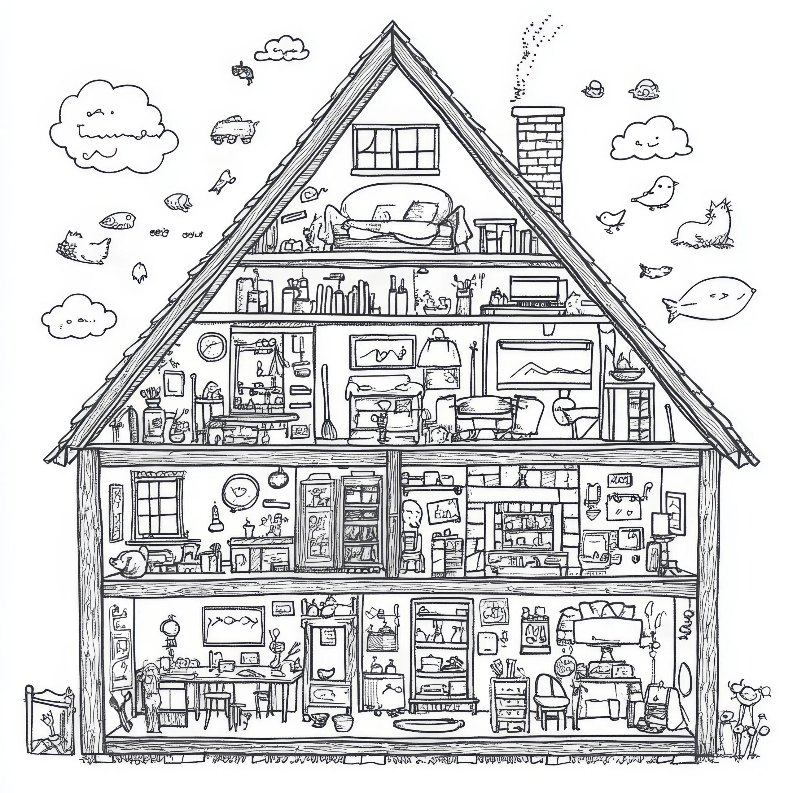 Wohnhaus als Wimmelbild: Ausmalbild zum Download (Gratis)