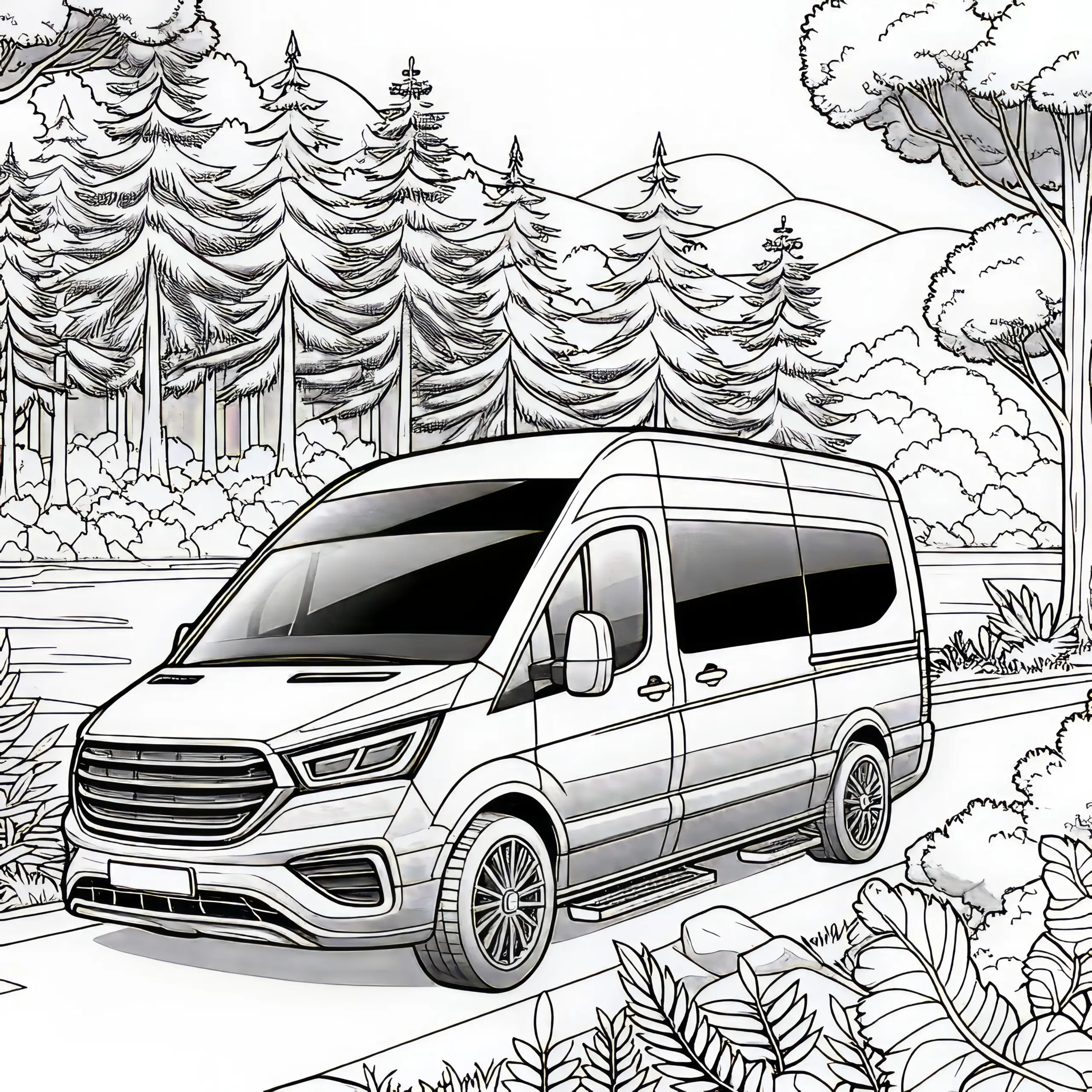Wohnwagen fährt durch den Wald als Ausmalbild (Kostenlos)