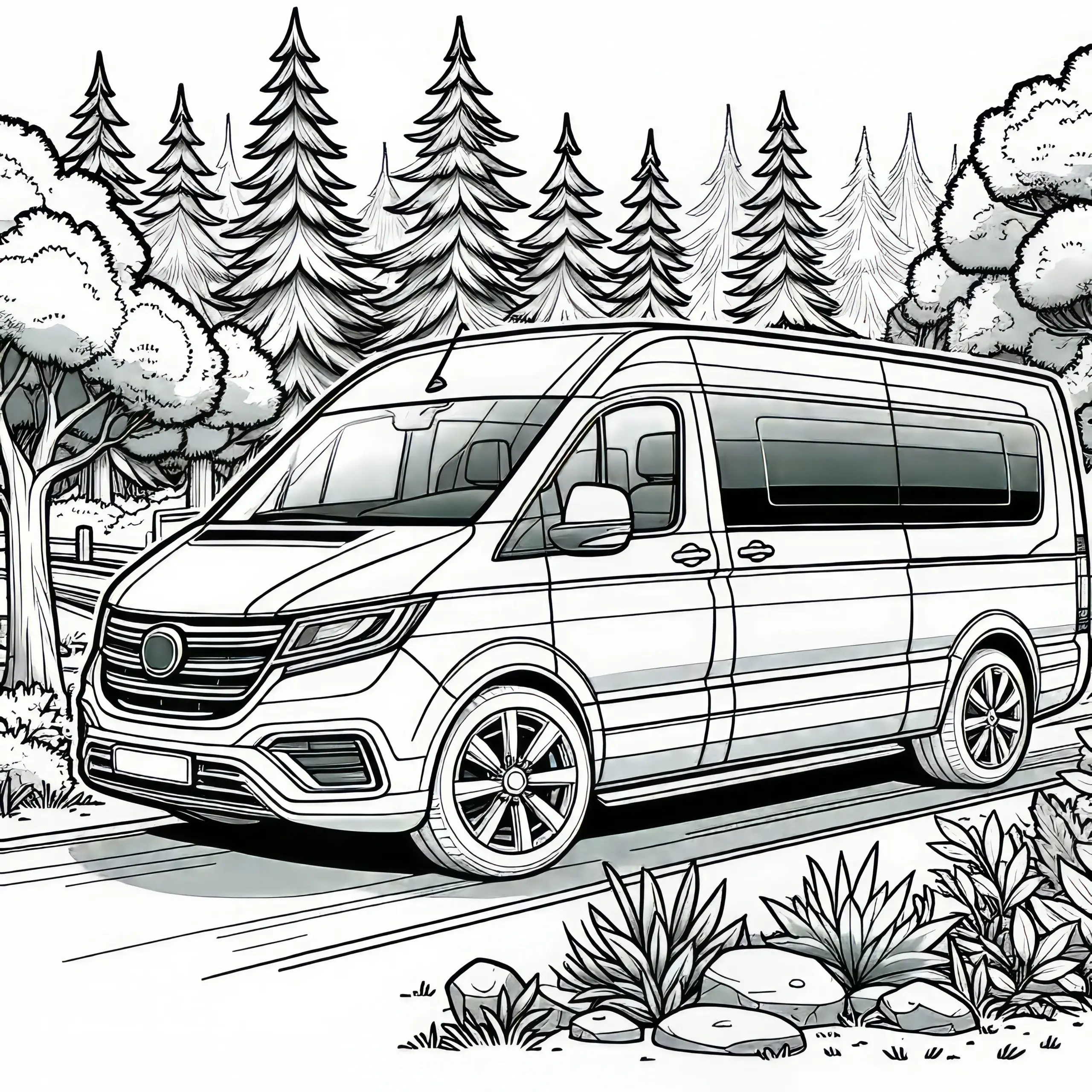 Wohnwagen in Schöner Landschaft – Malvorlage Kostenlos (Ausmalbild)